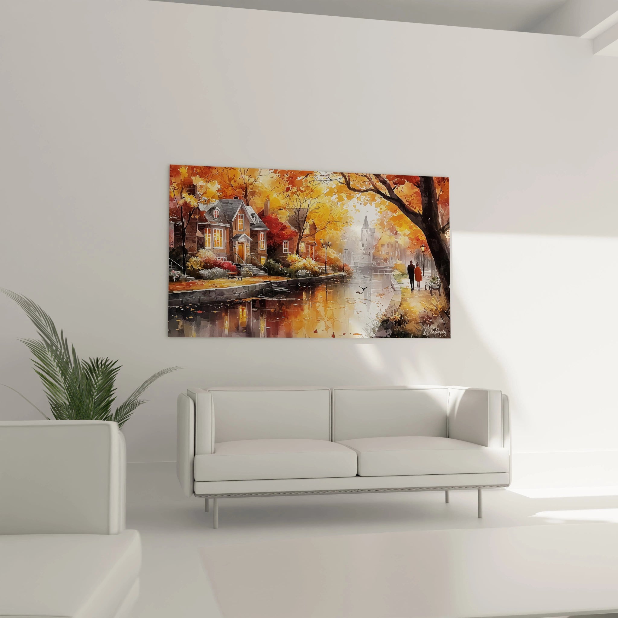Tableau mural Walensky tableau village automne représentant maisons au bord de la rivière arbres orange et couple