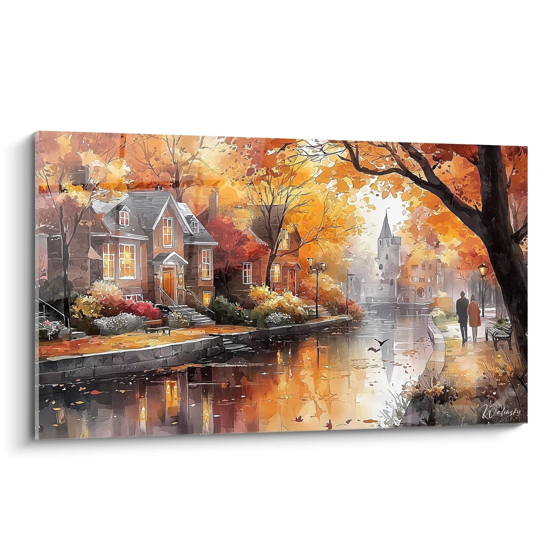 tableau village automne Walensky paysage riverain aux maisons illuminees et couple se promenant