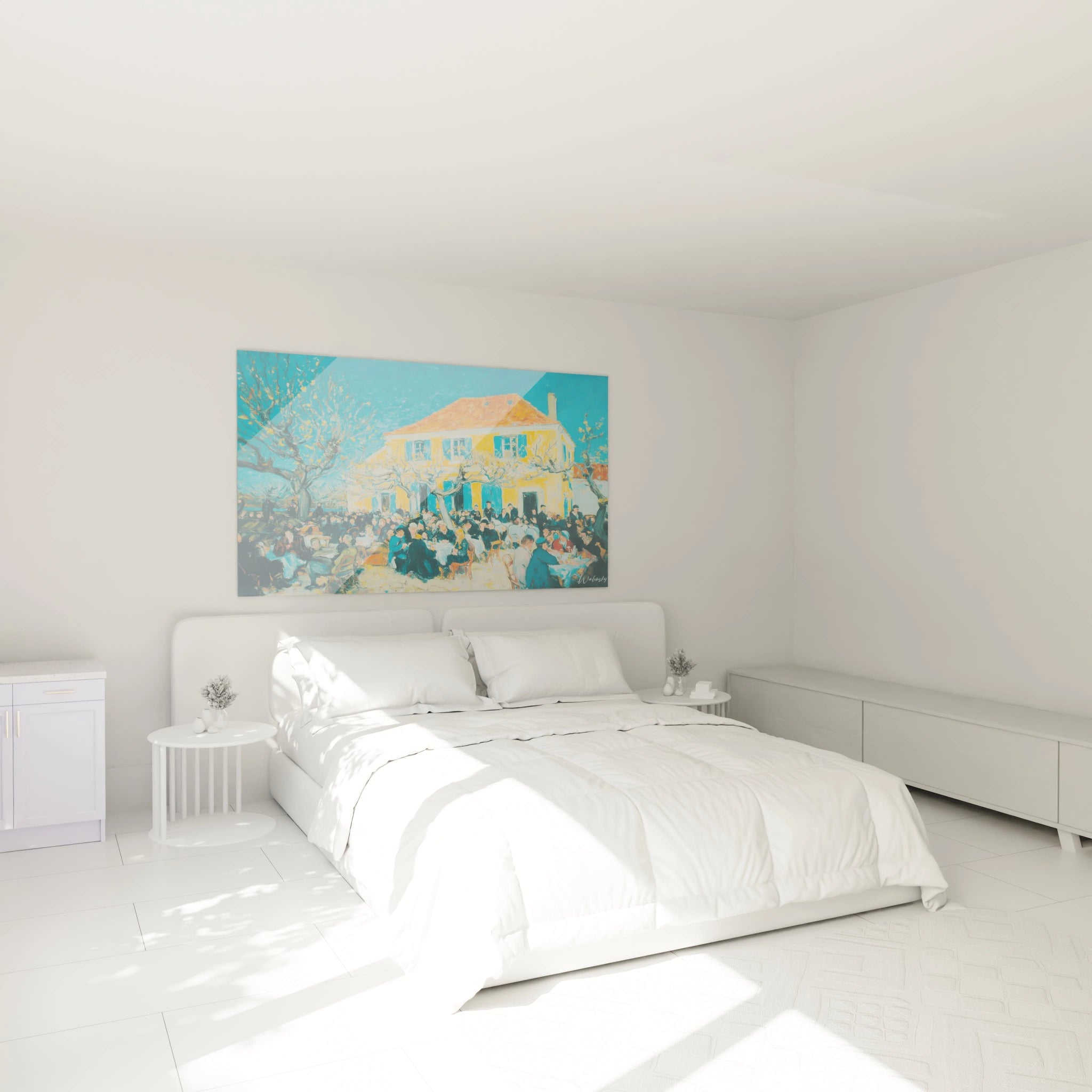 Chambre minimaliste blanche avec tableau post impressionniste village coloré signé Walensky accroché au dessus du lit