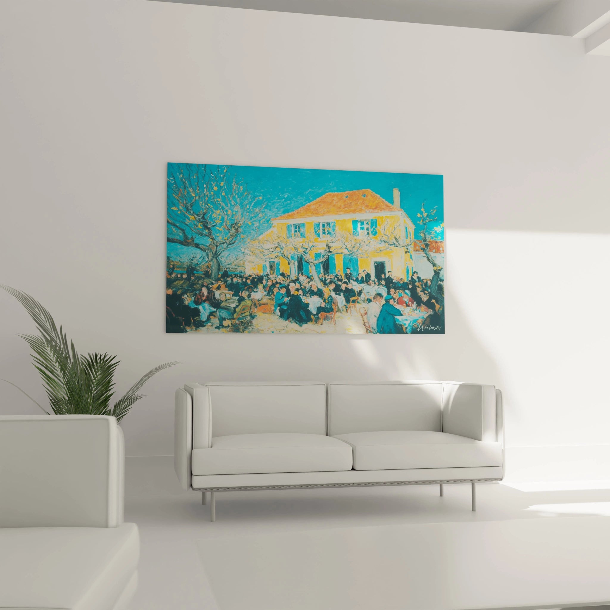 tableau post impressionniste village Walensky accroche au dessus d un canape blanc dans un salon minimaliste