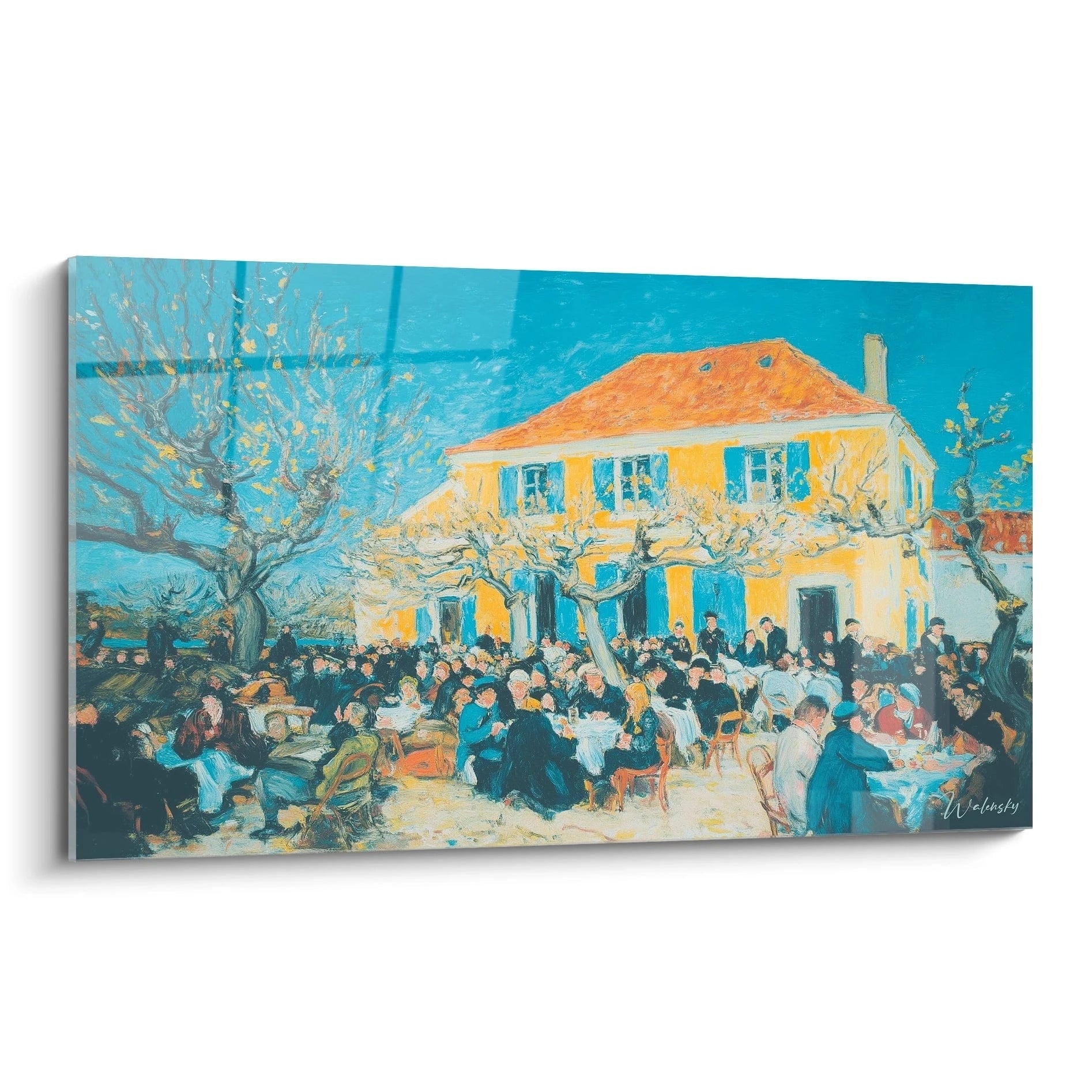 tableau post impressionniste village mural Walensky représentant maison jaune et terrasse animée sous ciel bleu