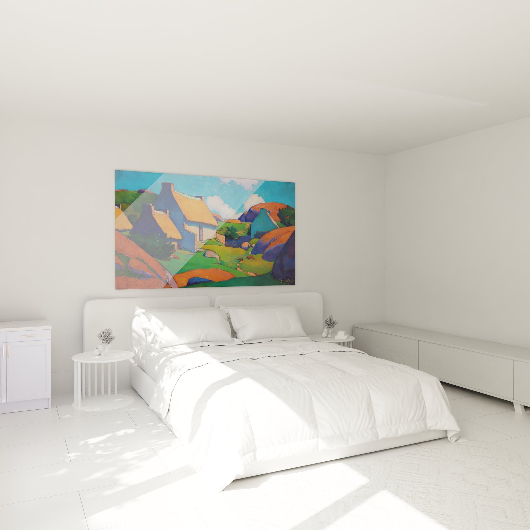 Ambiance chambre avec tableau mural village coloré, décoration campagne moderne et chaleureuse