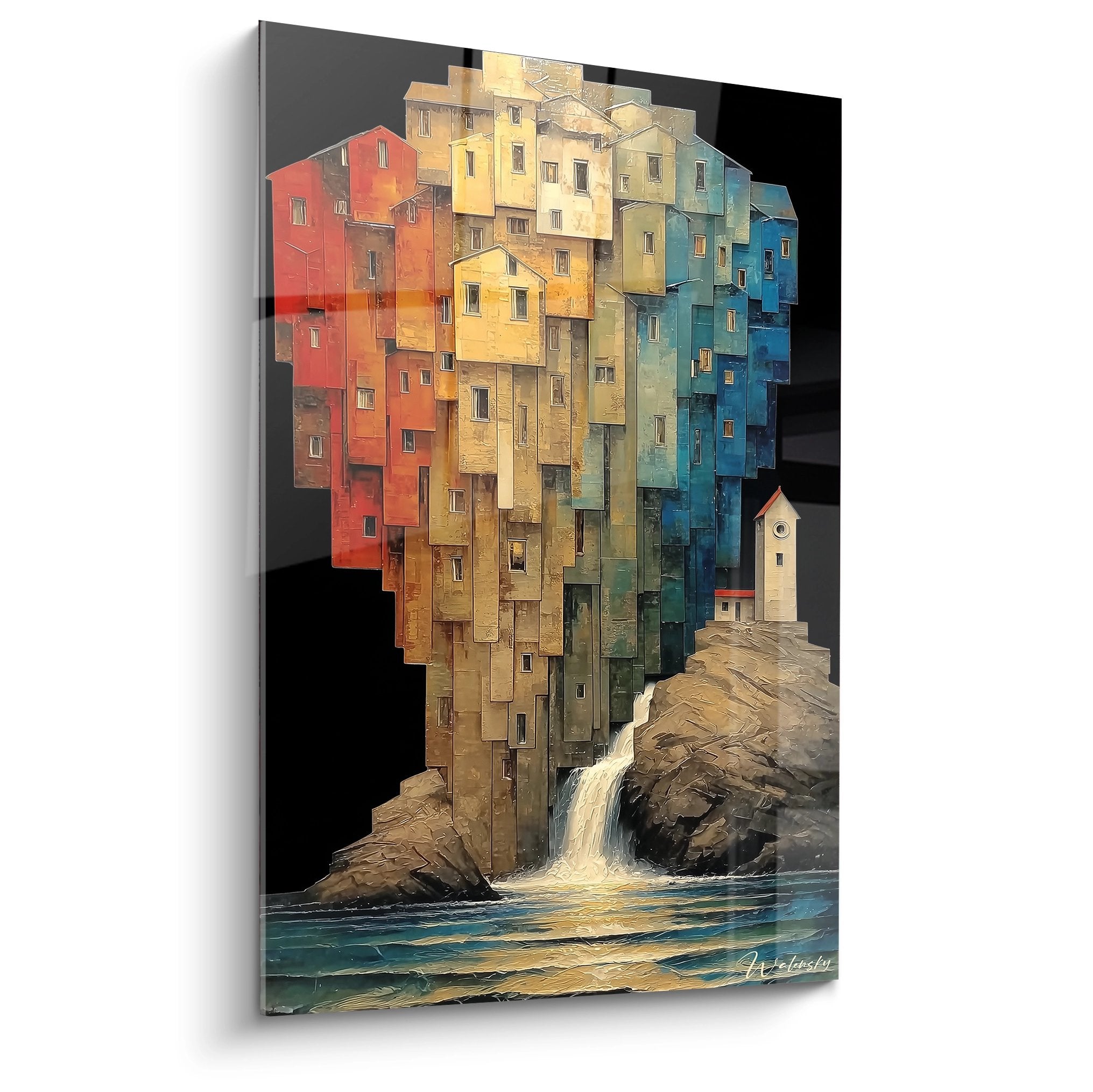 Tableau mural village coloré sur falaise avec cascade, style méditerranéen Cinque Terre