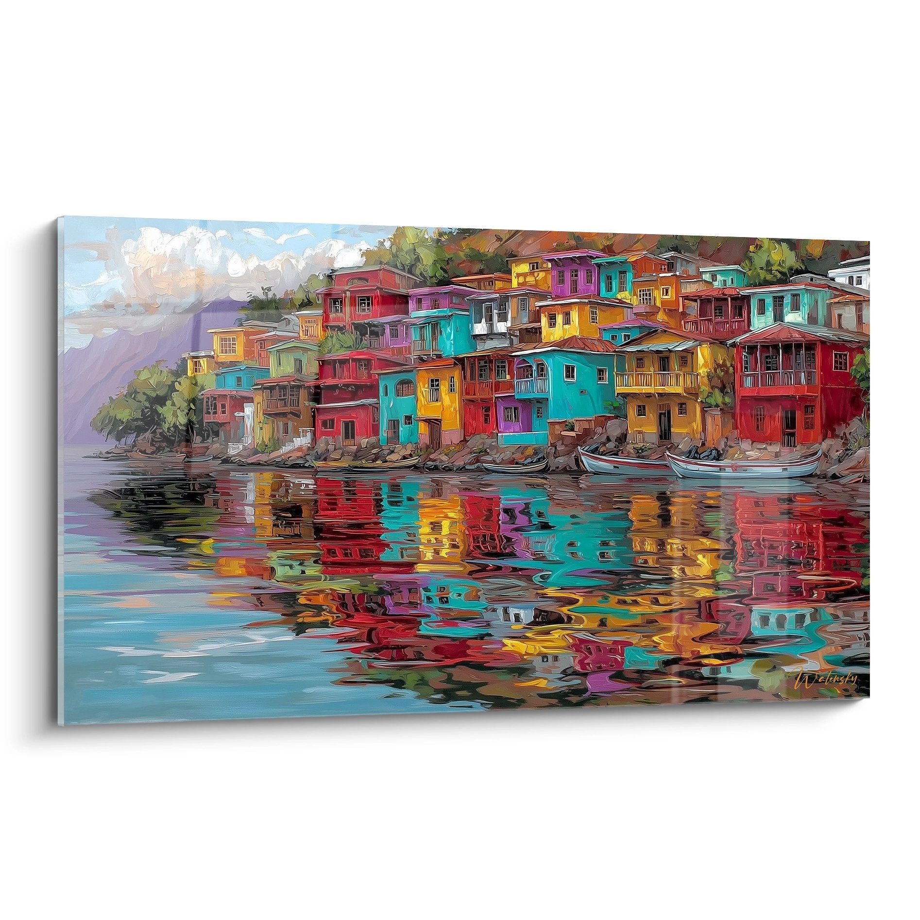 Tableau village coloré au bord du lac avec reflets, maisons méditerranéennes multicolores