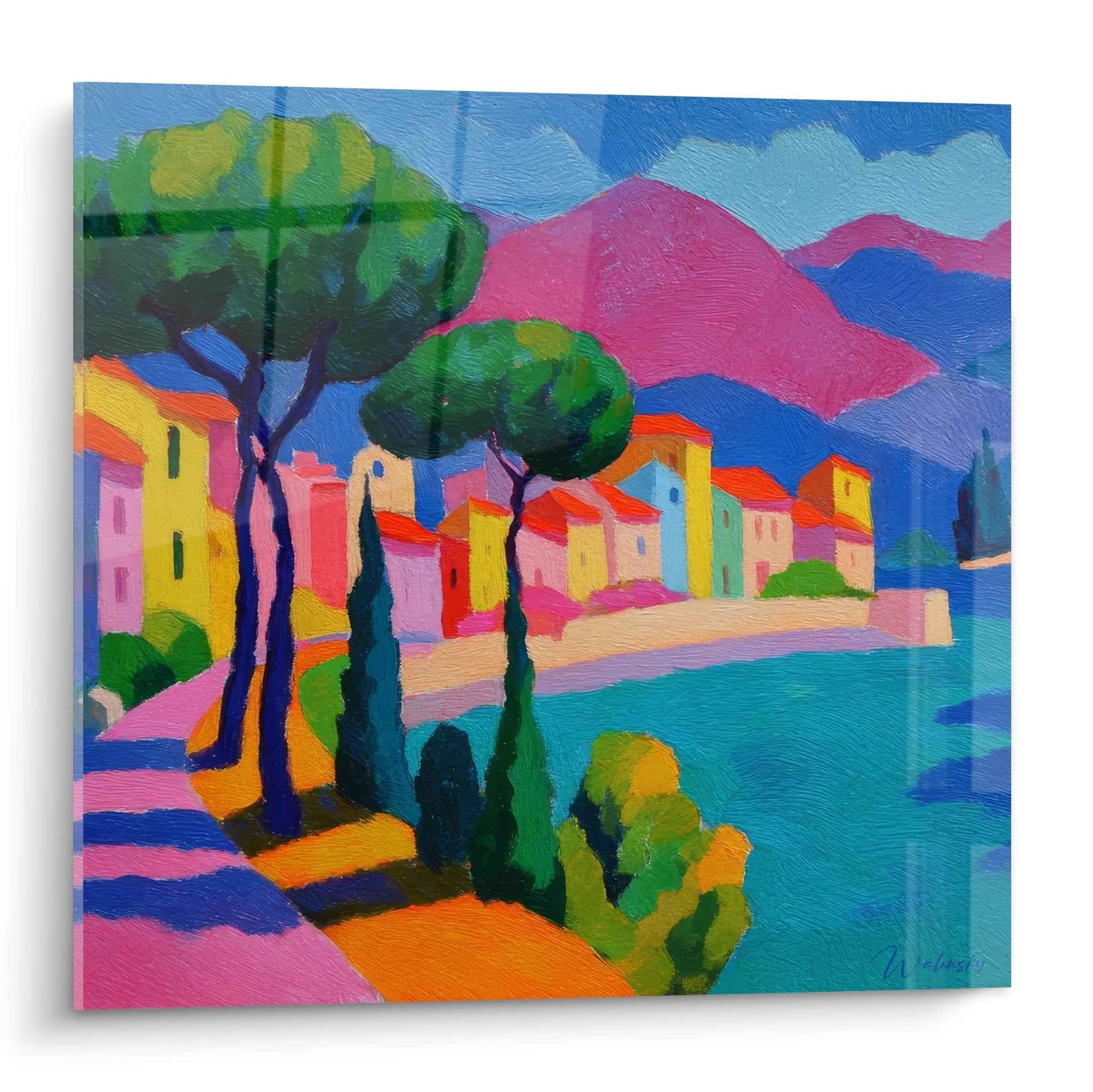 Tableau village côtier coloré avec maisons méditerranéennes et eau turquoise - art bord de mer