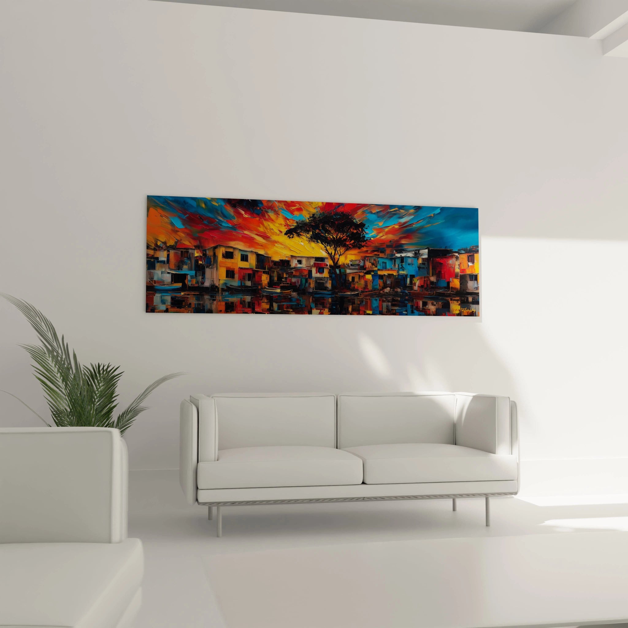 Tableau mural paysage africain moderne de Walensky avec des couleurs vives et une scène urbaine vibrante