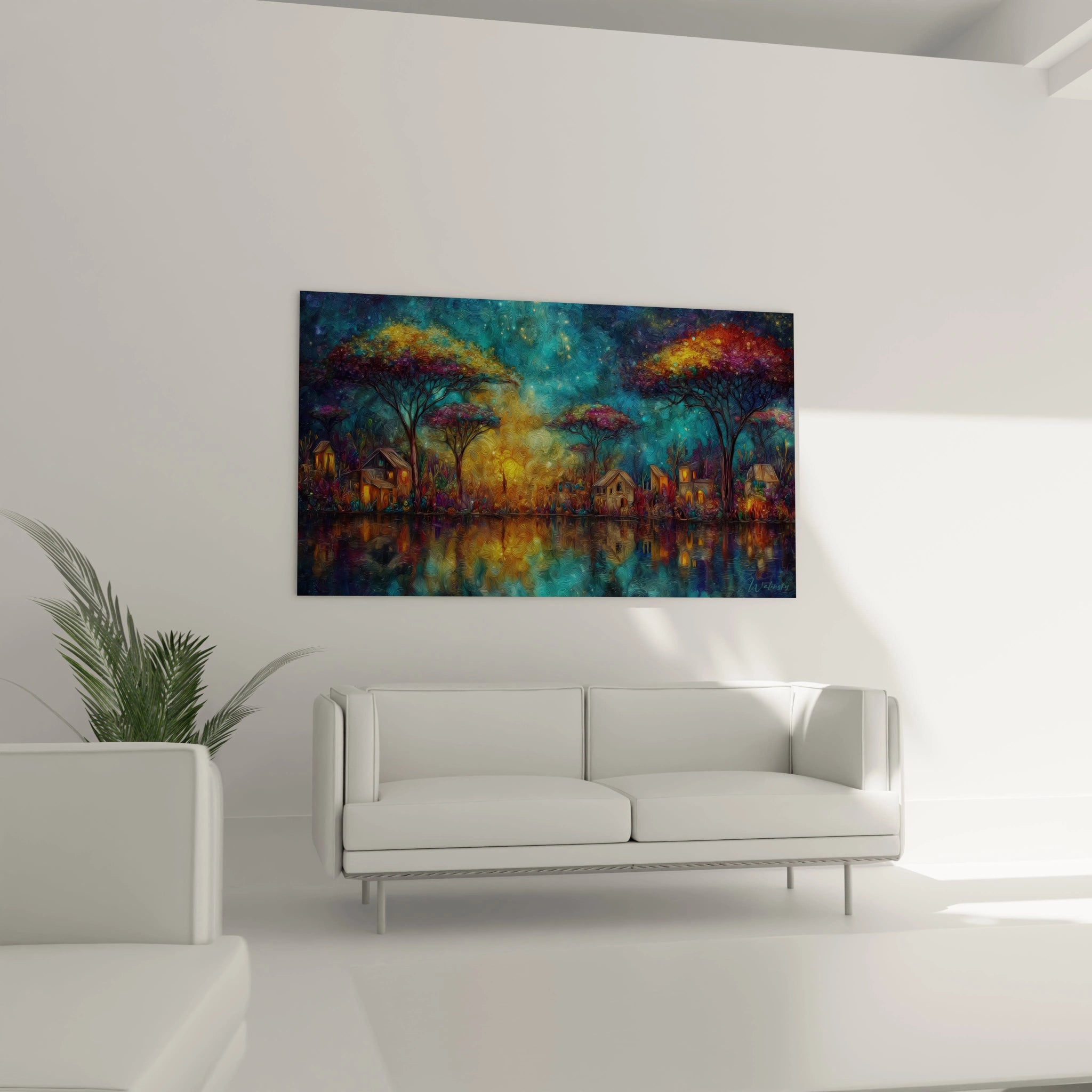 Tableau mural paysage africain avec des arbres colorés et un lac réfléchissant, idéal pour la décoration intérieure