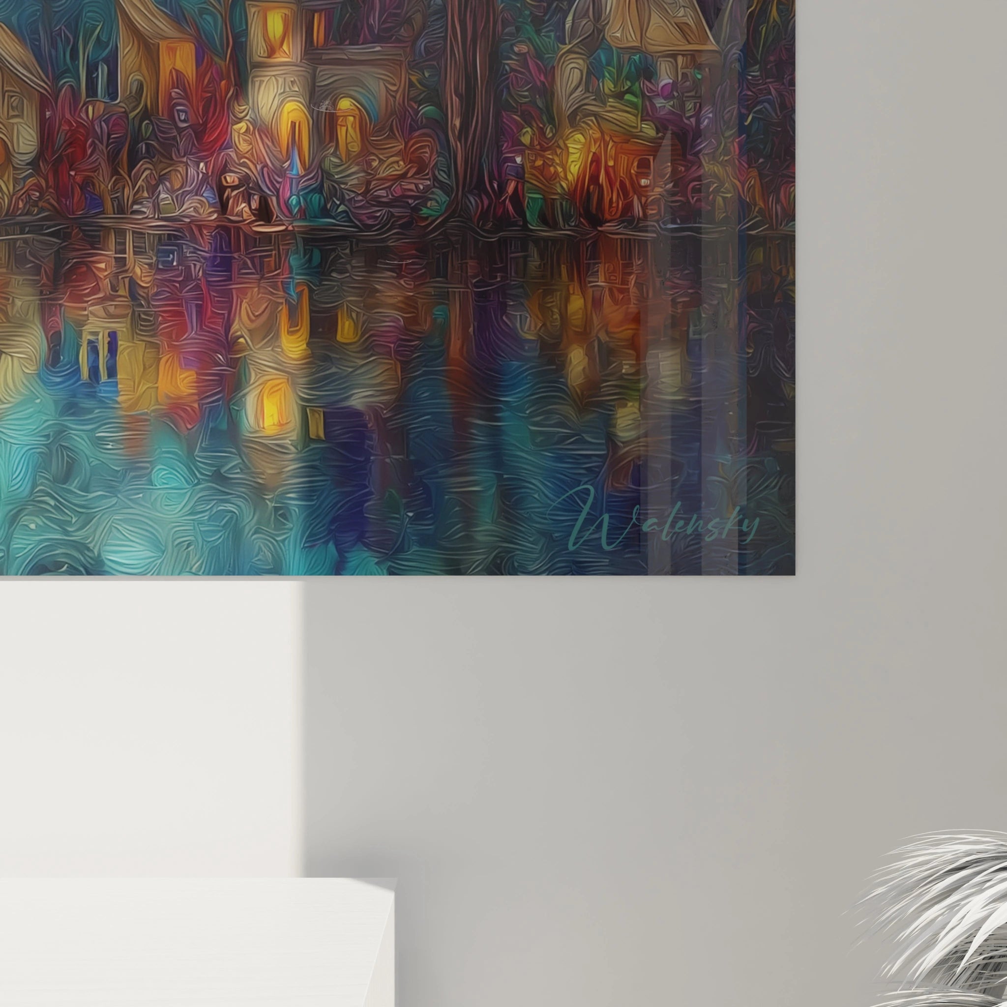 Tableau paysage africain coloré avec une réflexion d'arbres et de lumières sur l'eau