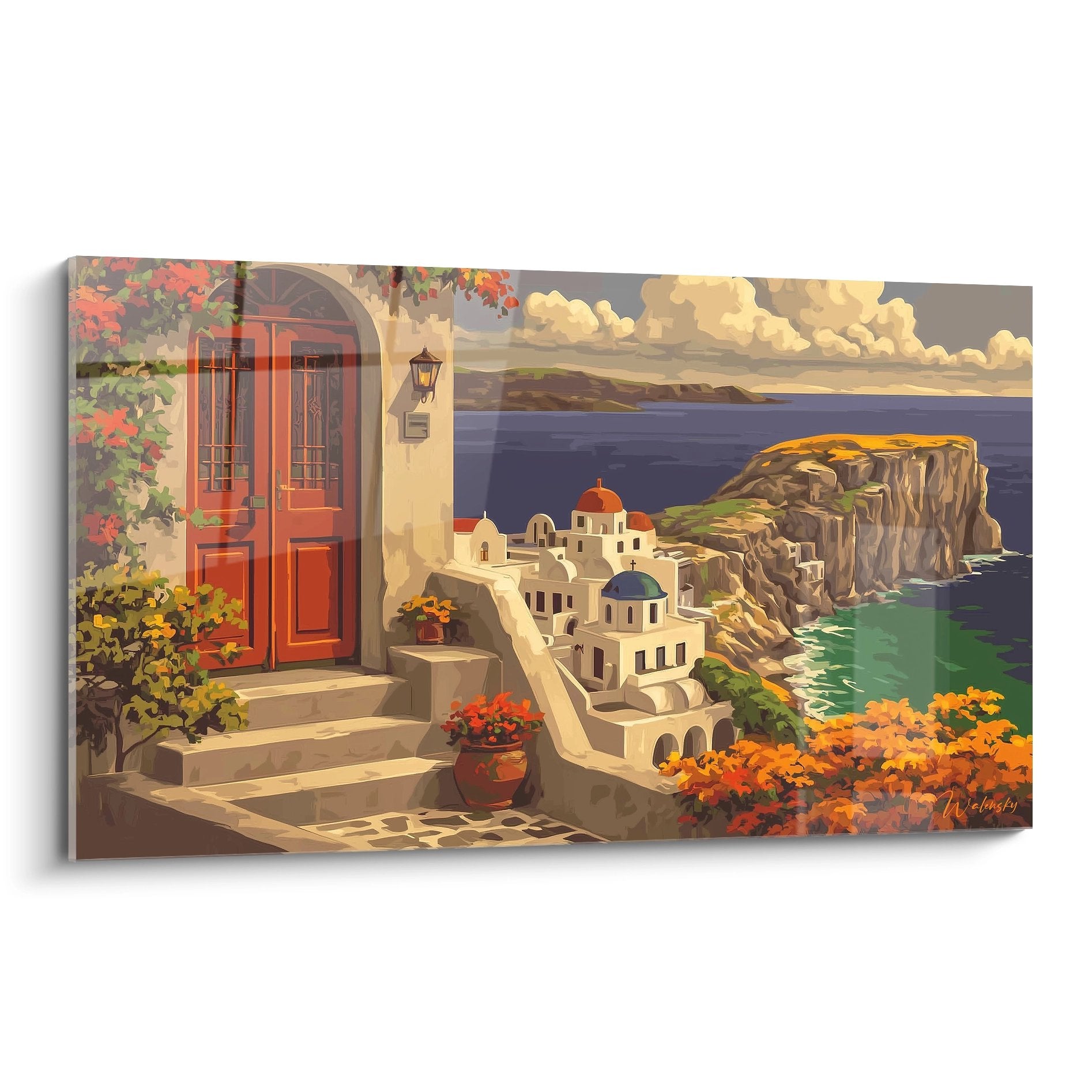 Tableau mural village grec avec porte rouge et vue panoramique mer Égée architecture cycladique