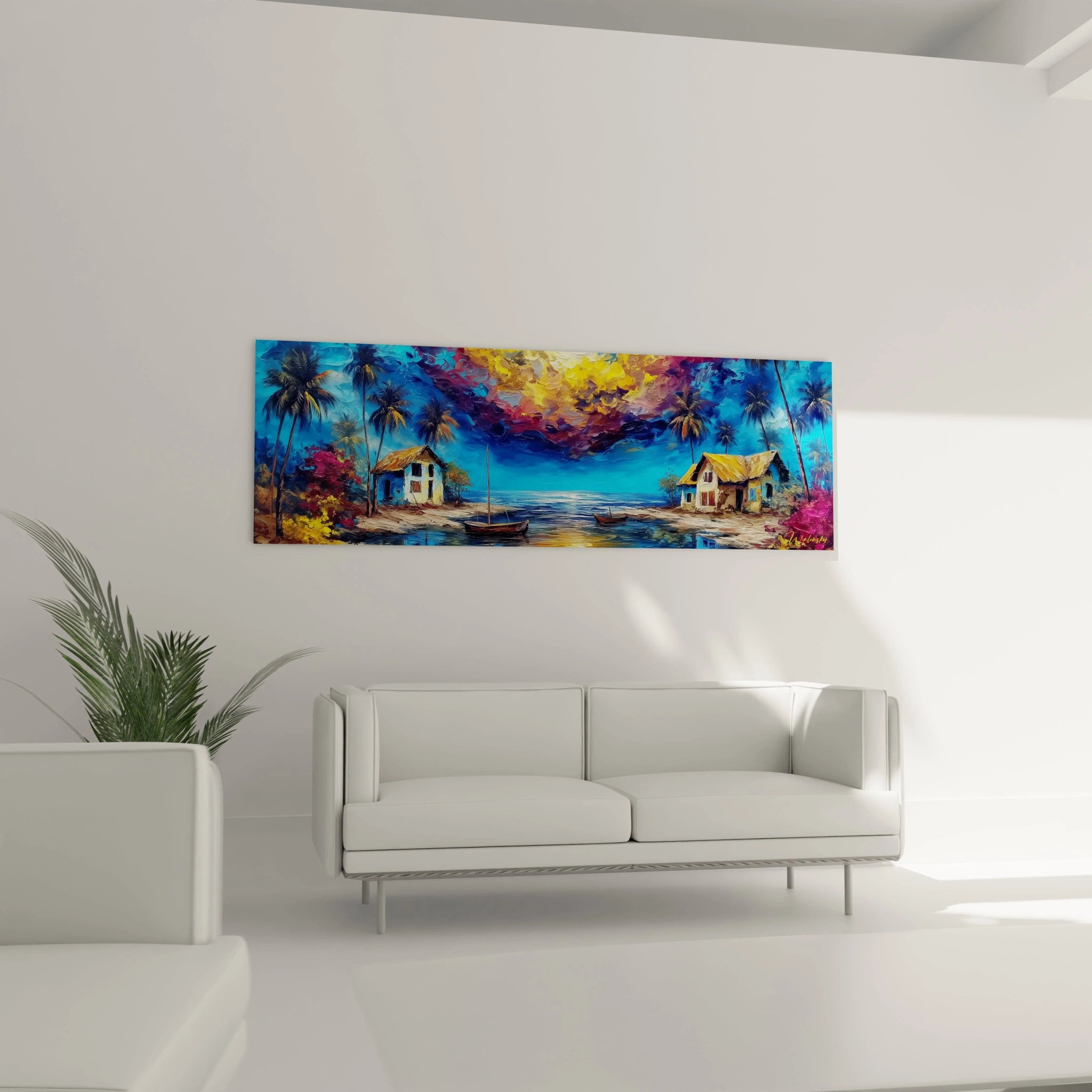 Tableau paysage africain mural coloré avec maisons au bord de l'eau et palmiers