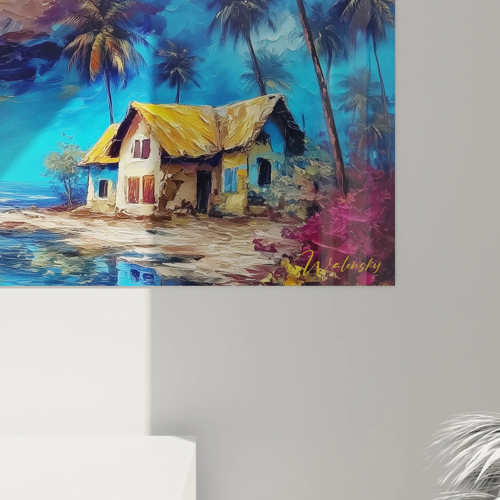 Tableau paysage africain mural vibrant représentant une maison en bord de mer avec des palmiers