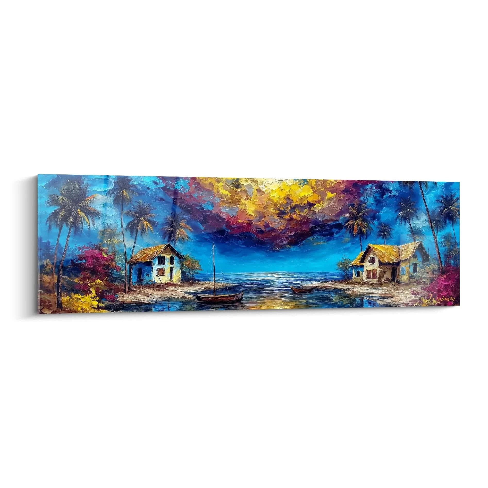 Tableau paysage africain mural avec des maisons et des bateaux sous un ciel coloré