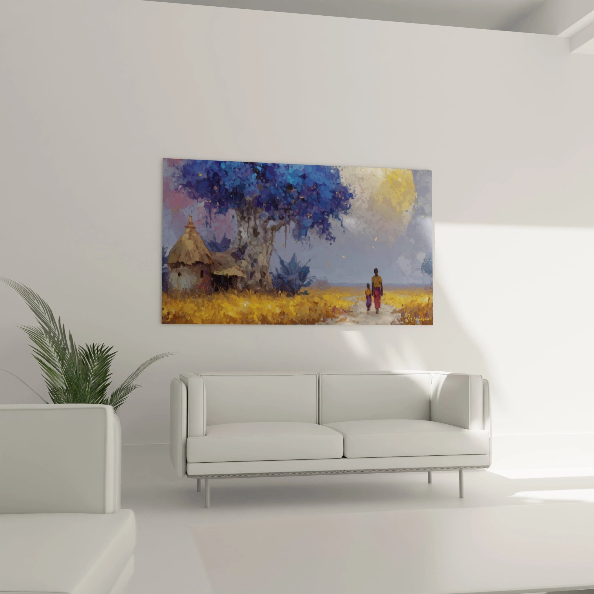 Tableau paysage africain moderne représentant un homme marchant devant une maison sous un ciel coloré