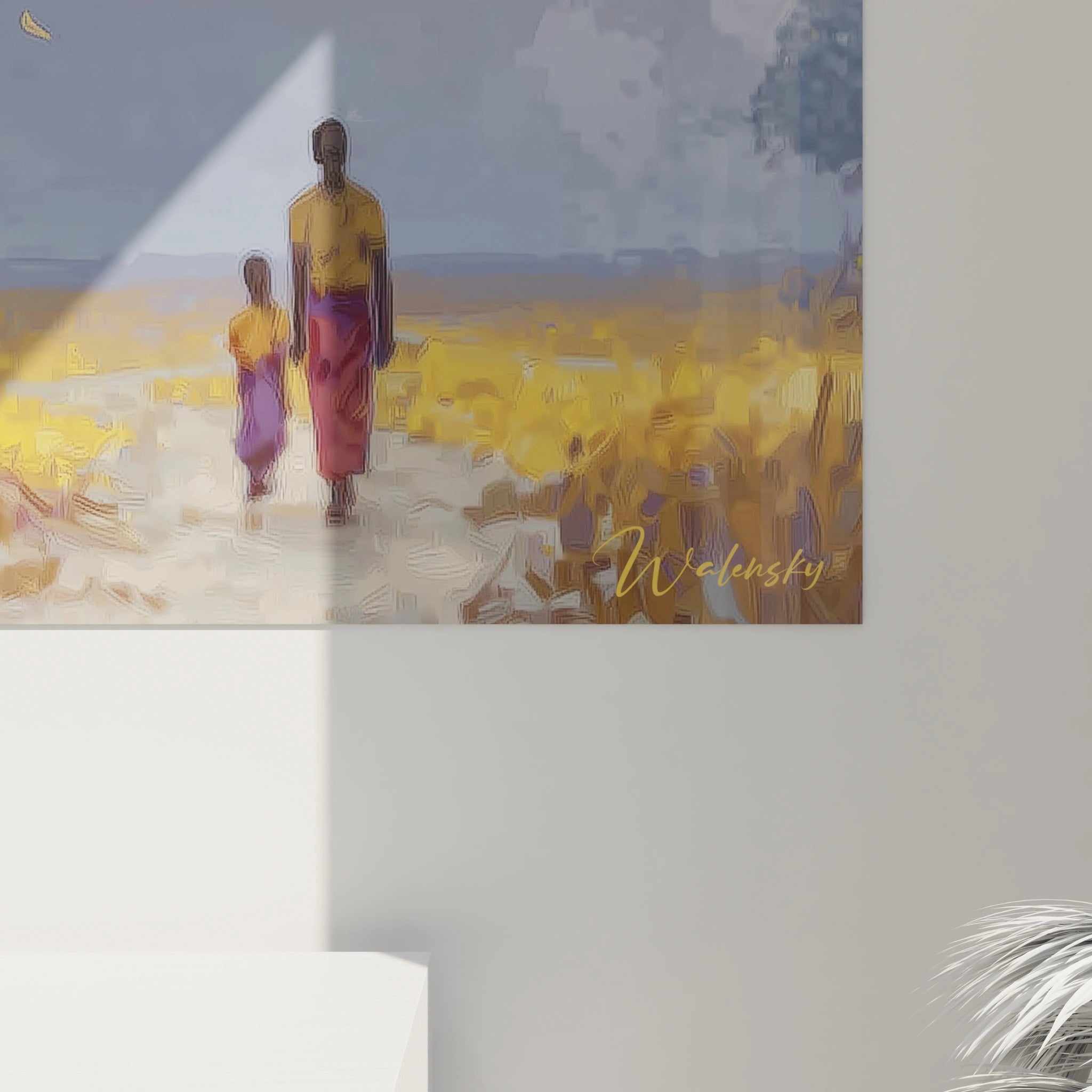 Tableau paysage africain moderne de Walensky représentant un homme et un enfant marchant sur un chemin doré