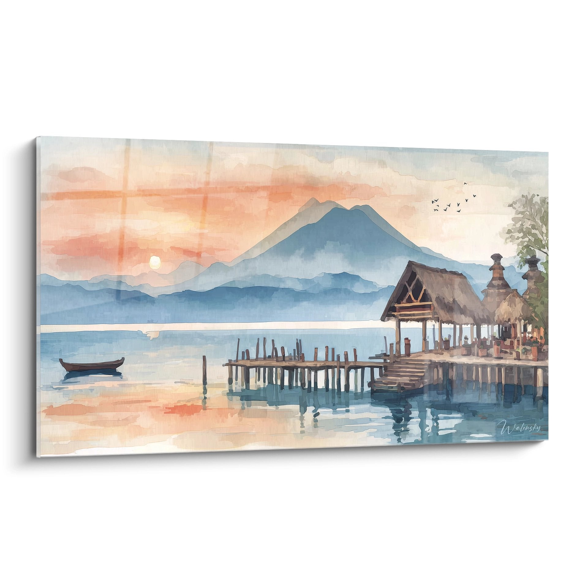 Tableau mural village lacustre coucher soleil maisons pilotis lac montagne ambiance zen déco