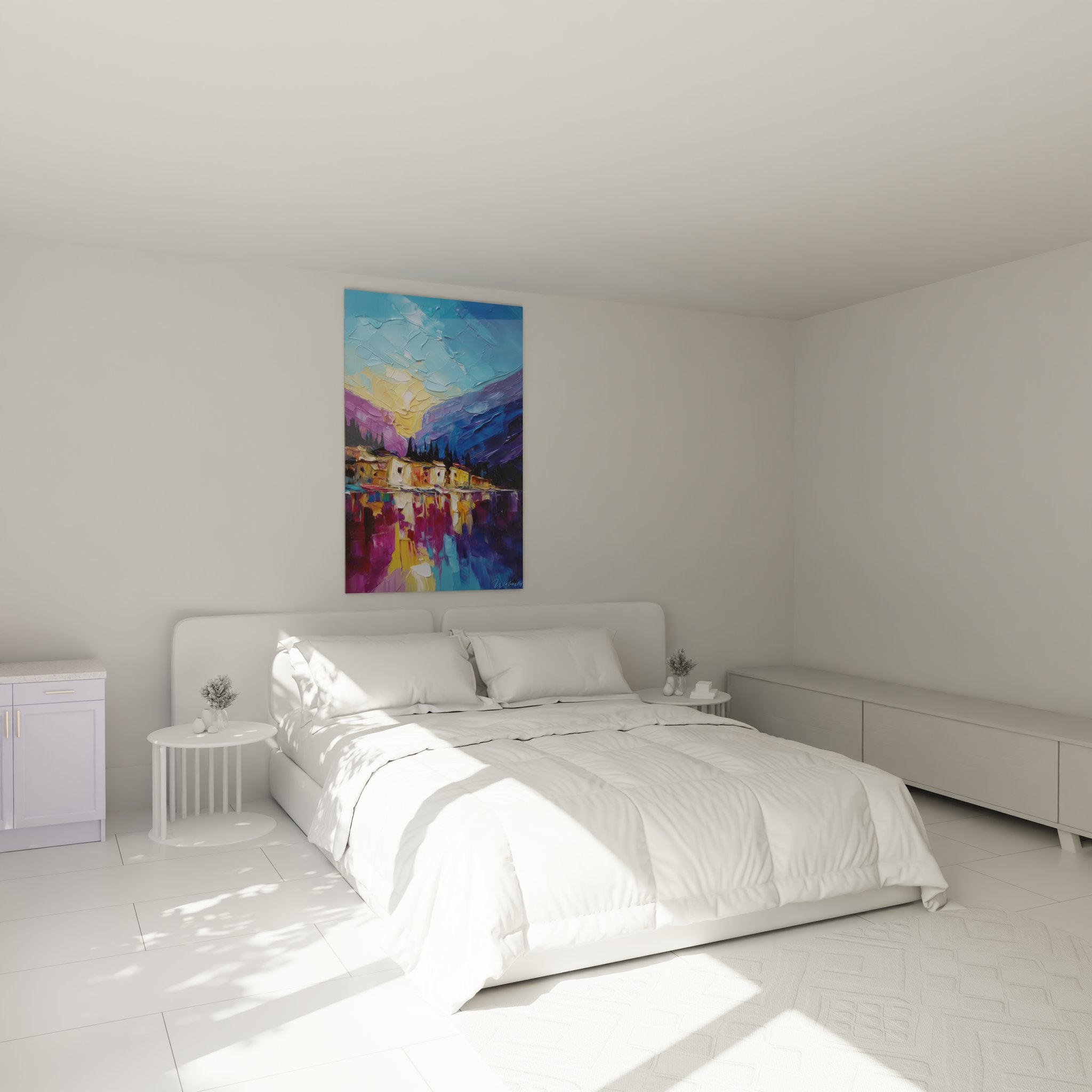 Lakeside village mountain wall art bedroom decor colorful reflections
