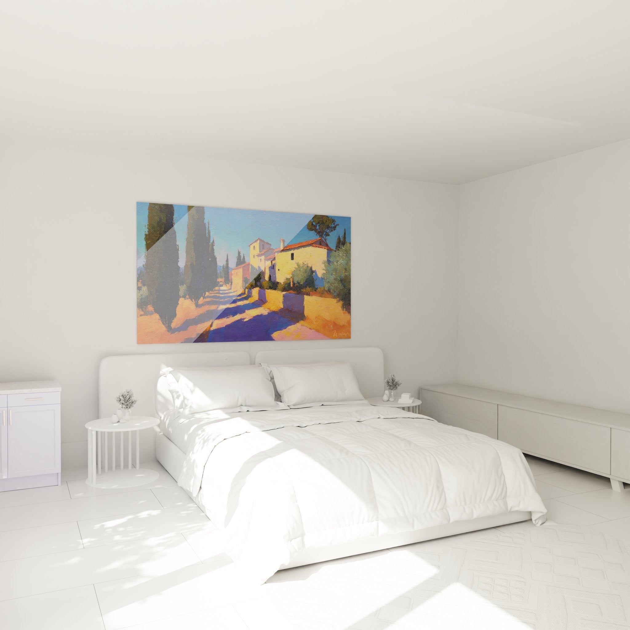 Ambiance chambre avec tableau mural village méditerranéen aux couleurs chaudes provençales