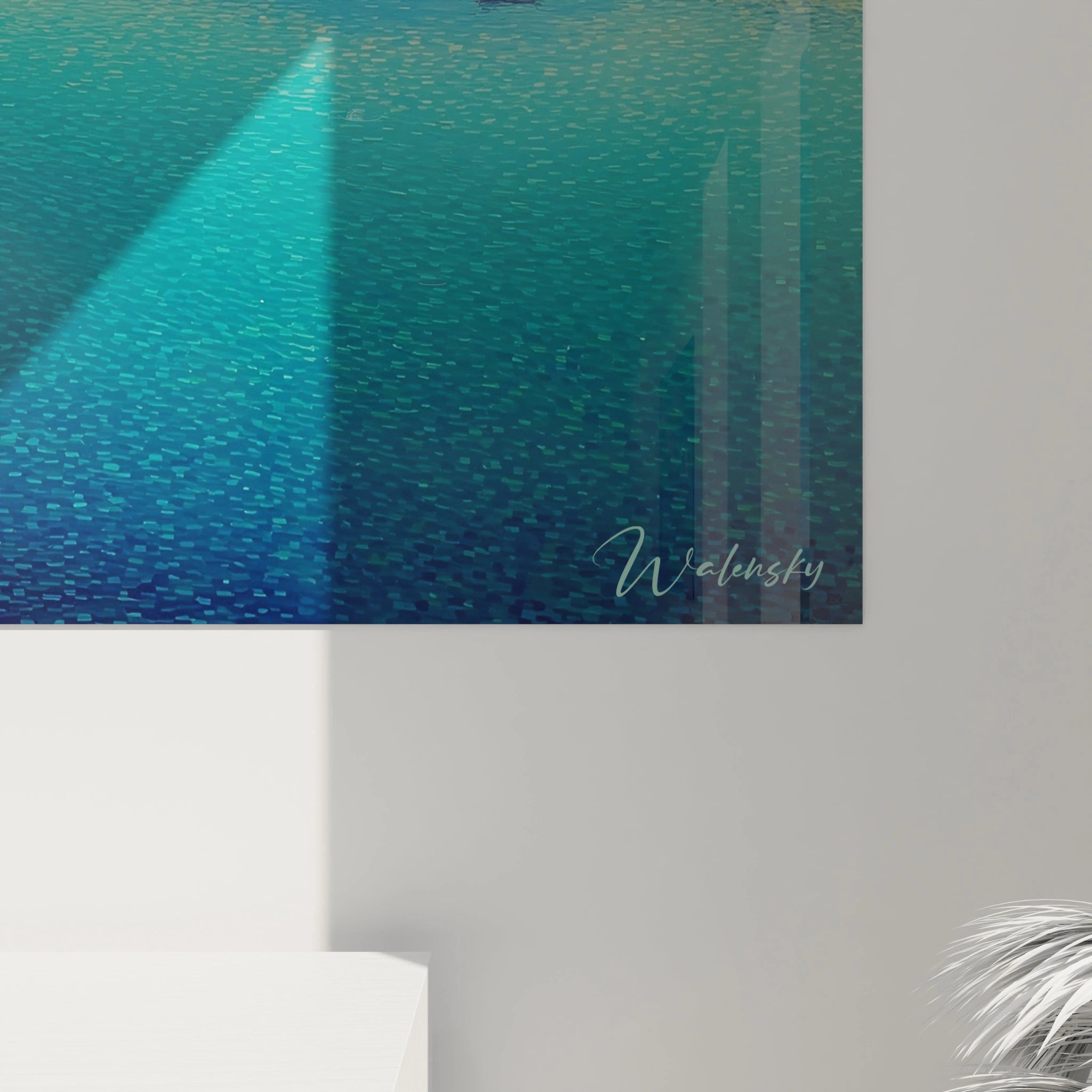 tableau village méditerranéen pointillisme signé Walensky montrant mer turquoise et reflet de lumière