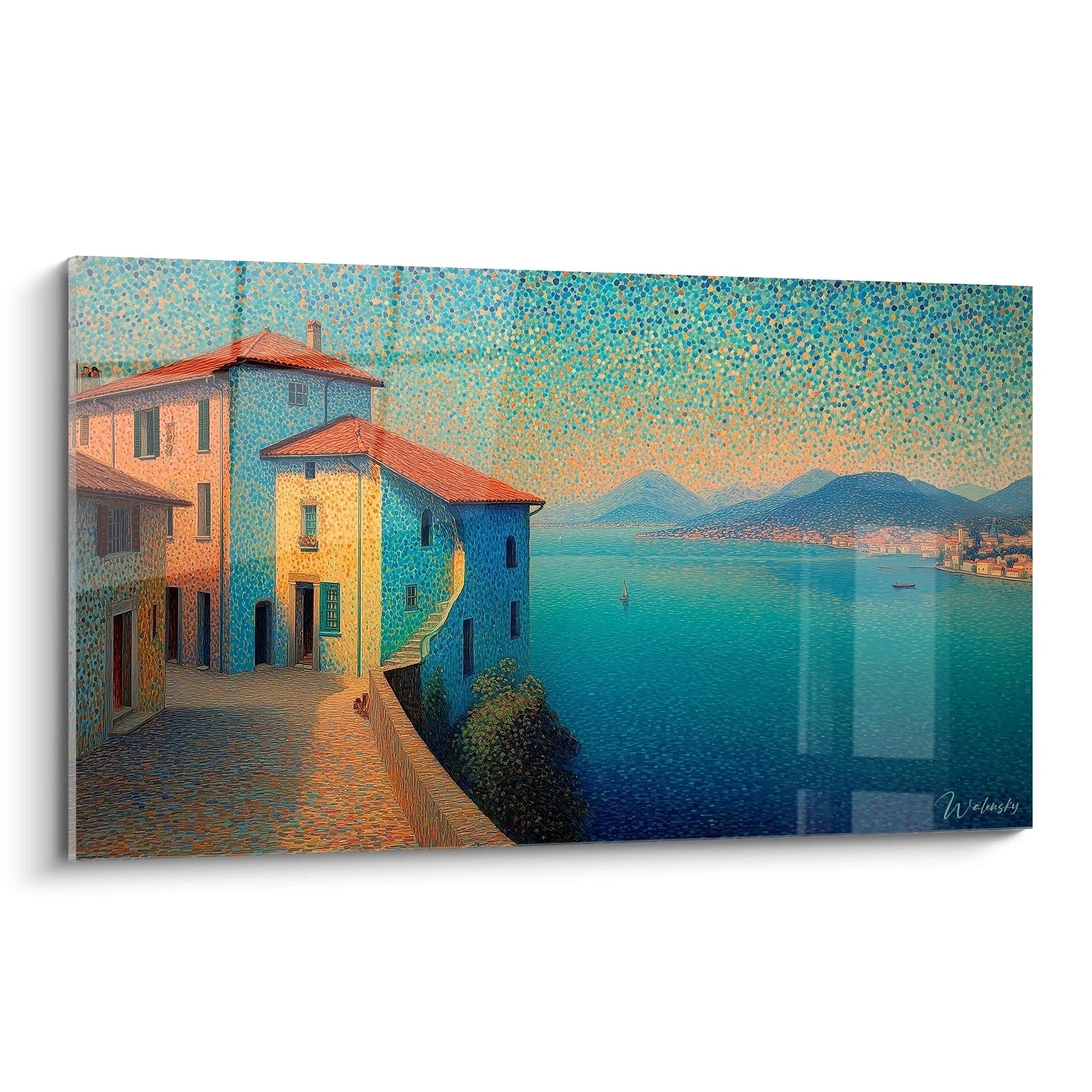 tableau village méditerranéen pointillisme Walensky montrant maisons colorées en bord de mer azur