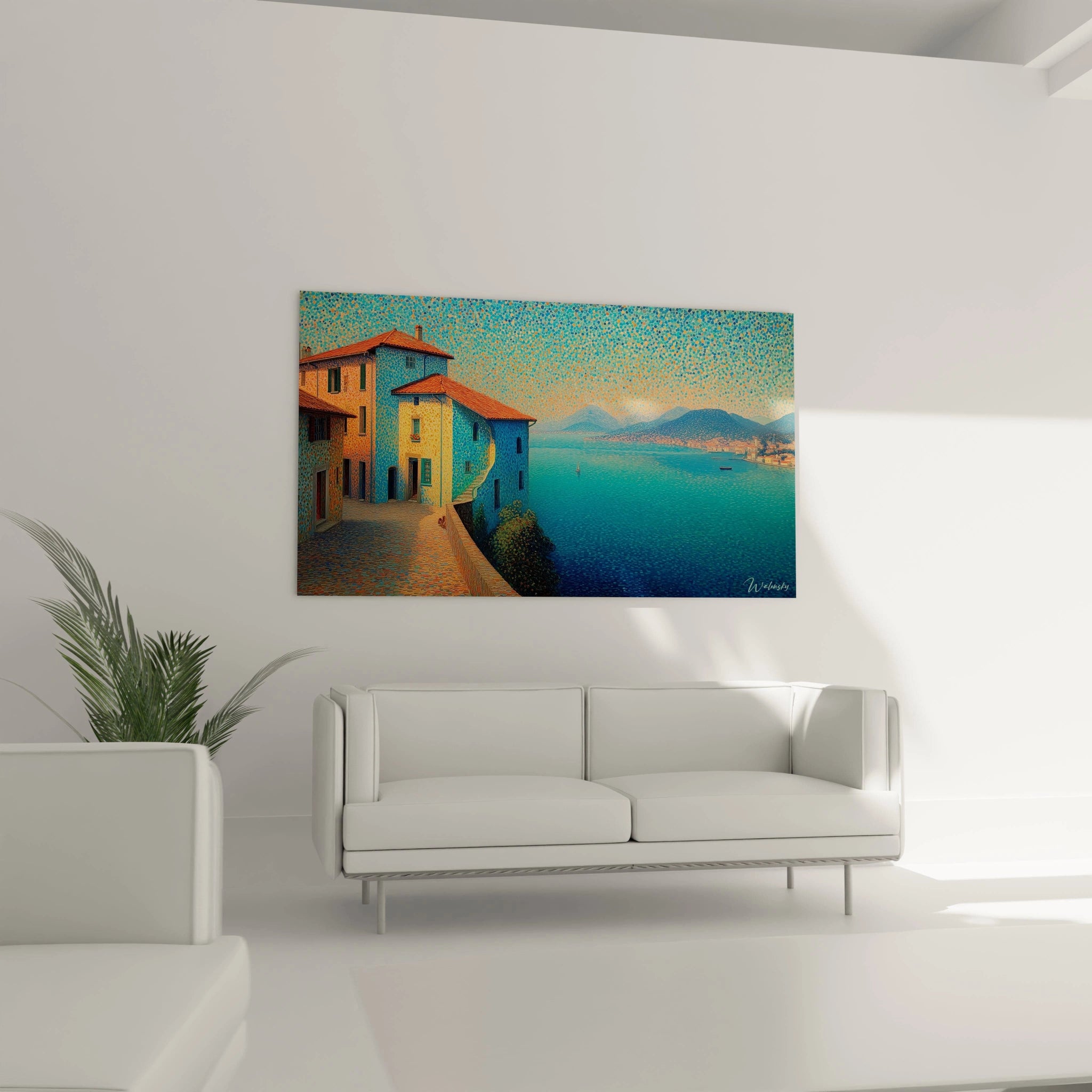 tableau village méditerranéen pointillisme accroché au dessus d un canapé blanc maisons aux toits terre cuite au bord du lac