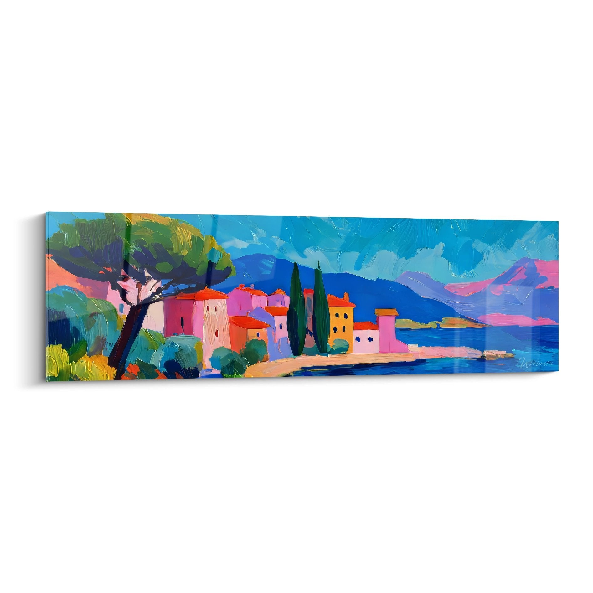 Tableau mural village méditerranéen coloré avec maisons roses et mer turquoise style provençal