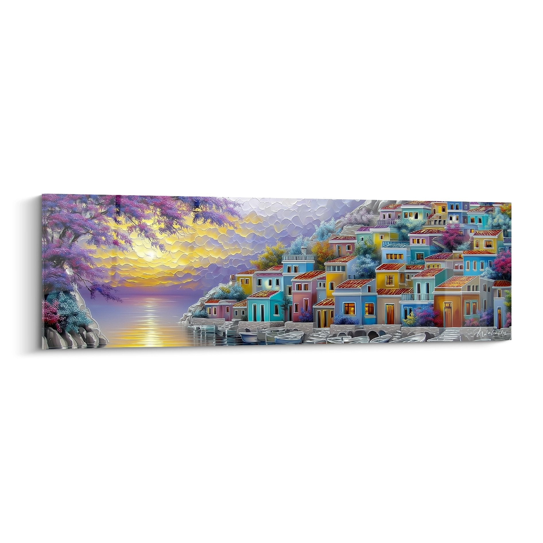 Tableau mural village méditerranéen coloré avec maisons en bord de lac au coucher de soleil