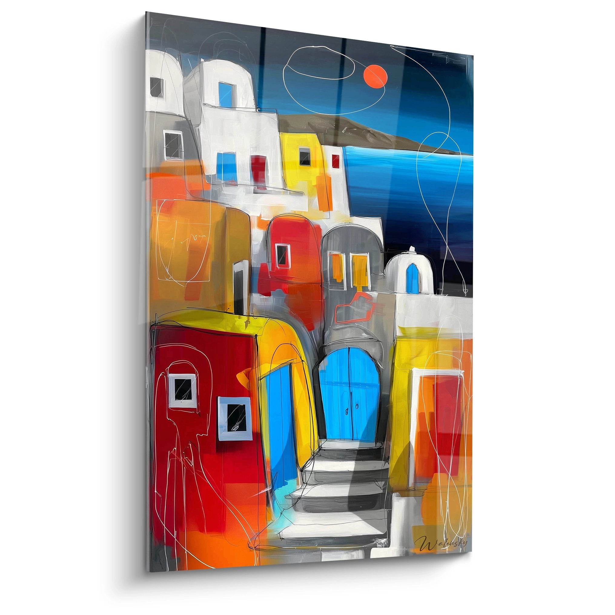 Tableau village méditerranéen coloré style Santorini avec maisons blanches et mer bleue art moderne