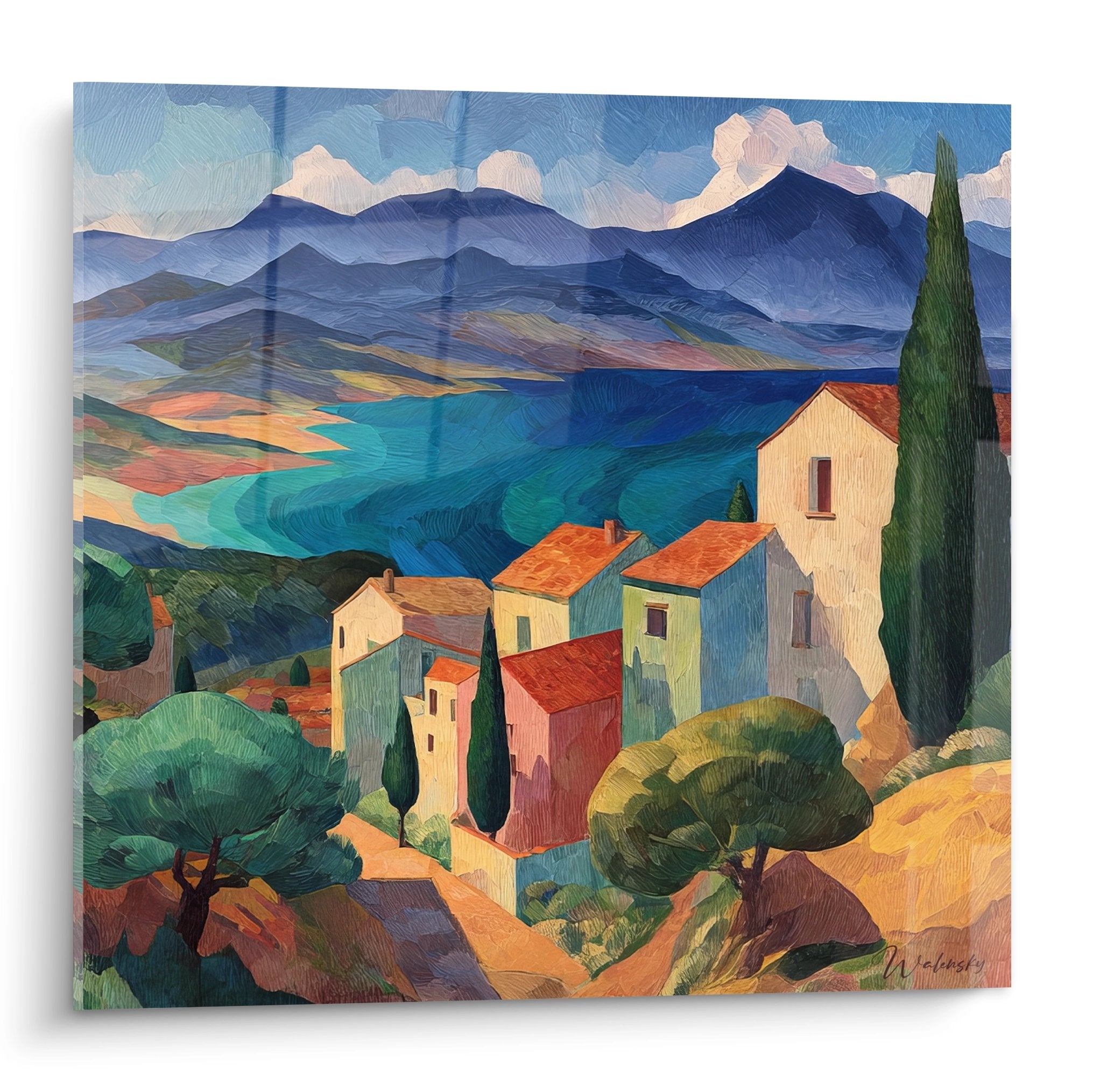 Tableau mural village méditerranéen avec maisons colorées et cyprès dominant une baie turquoise