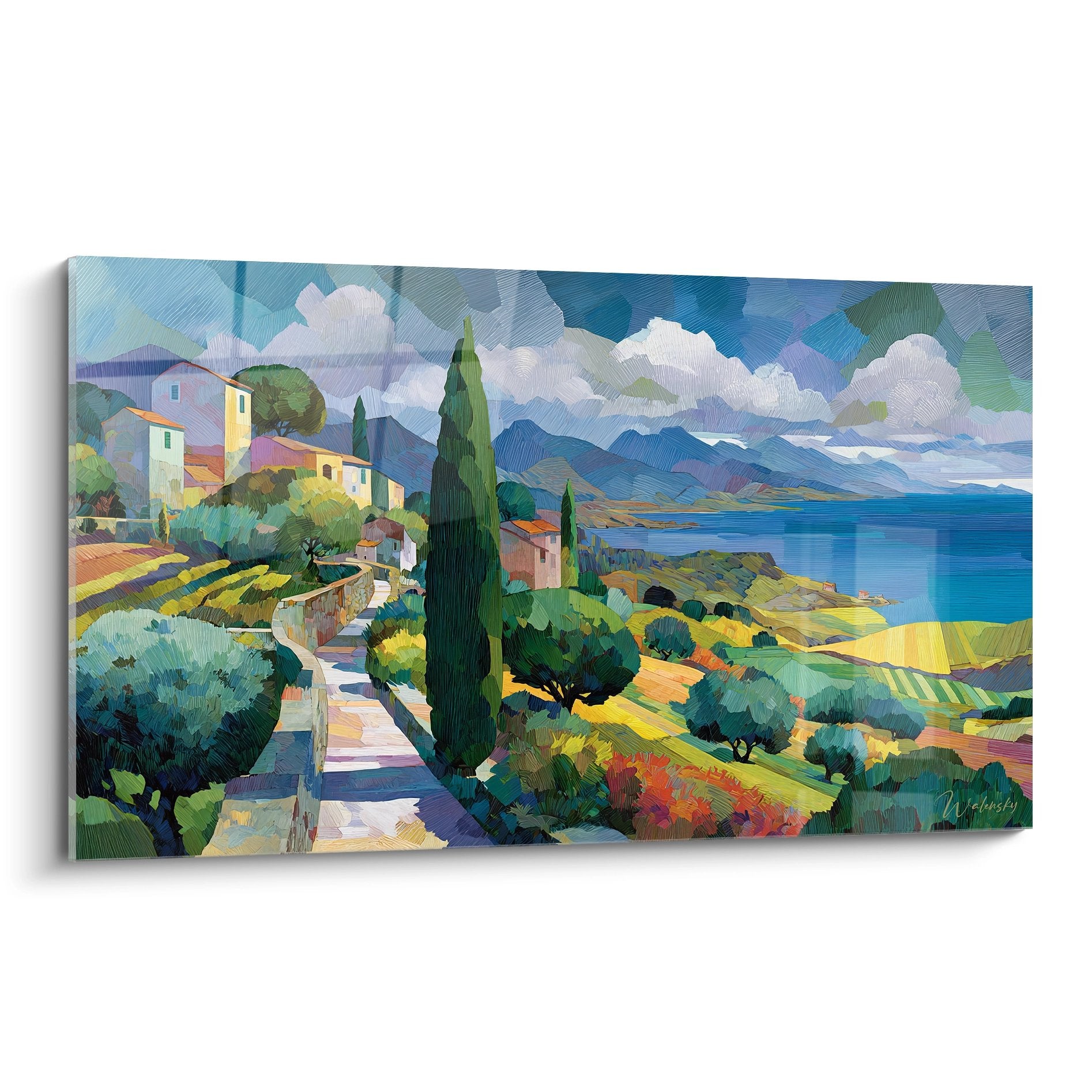 Tableau mural village méditerranéen avec cyprès et vue mer, art décoratif bord de mer