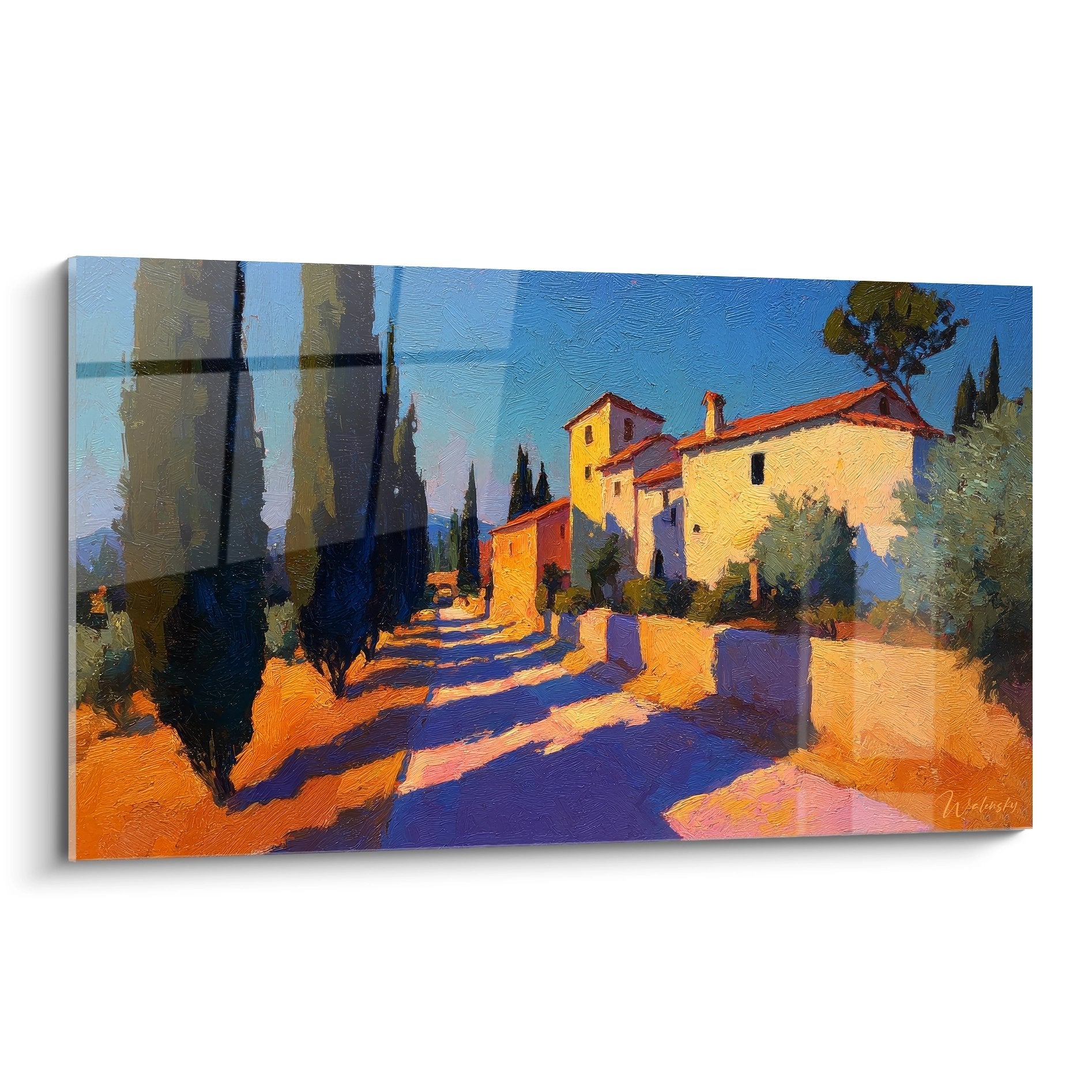 Tableau village méditerranéen avec chemin vers maison provençale, cyprès et paysage campagne