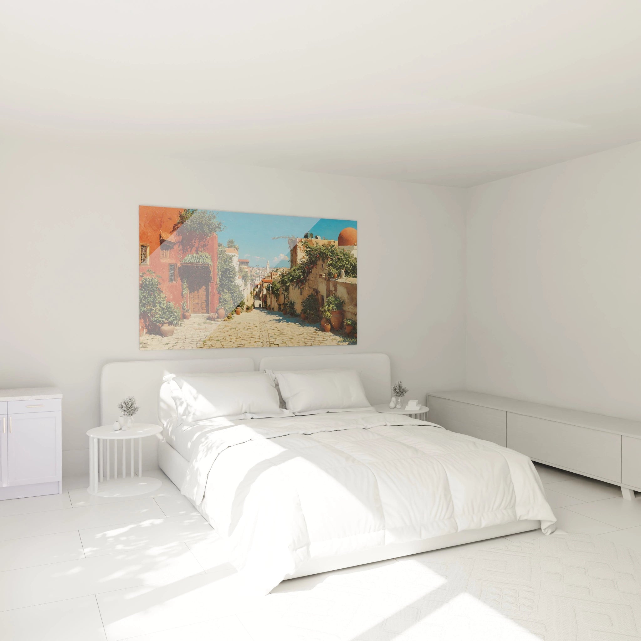 Tableau mural Walensky représentant un tableau village méditerranéen terracotta au-dessus d'un lit blanc minimaliste ensoleillé