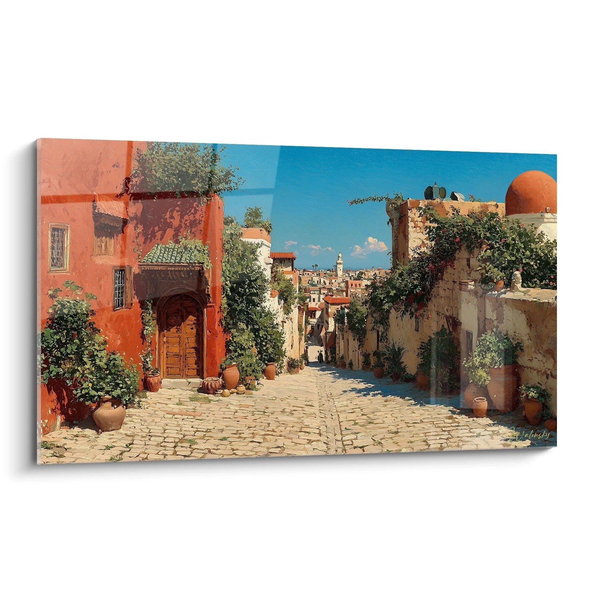 Tableau mural Walensky tableau village méditerranéen terracotta rue pavée ensoleillée maisons en terre cuite et pots en argile