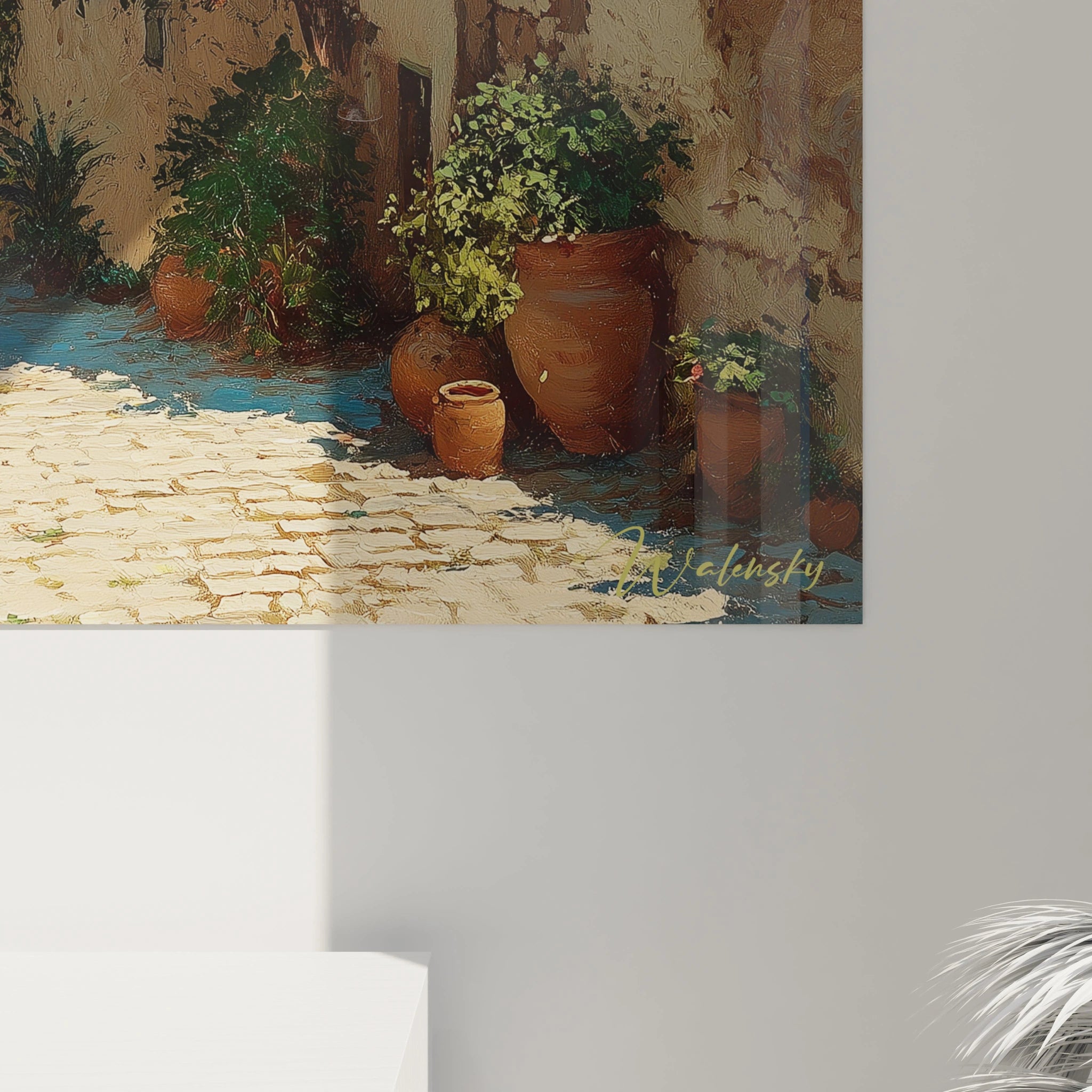 tableau village méditerranéen terracotta Walensky montrant une ruelle ensoleillée avec pots en terre cuite et plantes