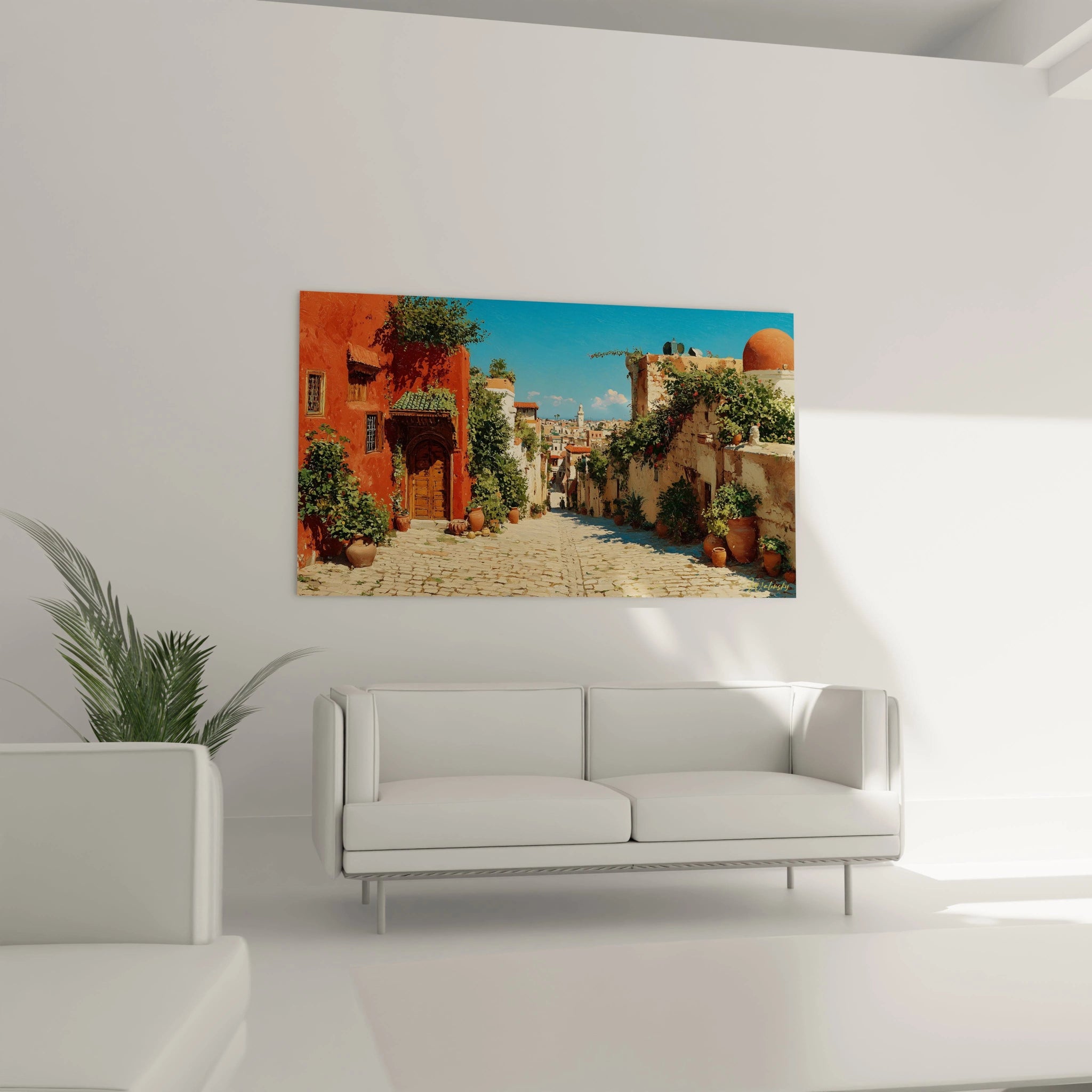 Walensky tableau village méditerranéen terracotta au mur, scène de ruelle pavée ensoleillée avec pots et végétation