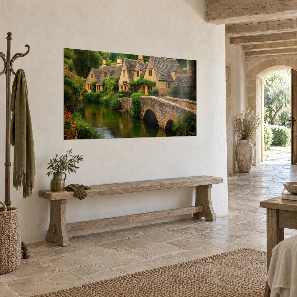 Wall art arched stone bridge over an emerald river, ochre facades and red flower beds, three-quarter view on a cream wall