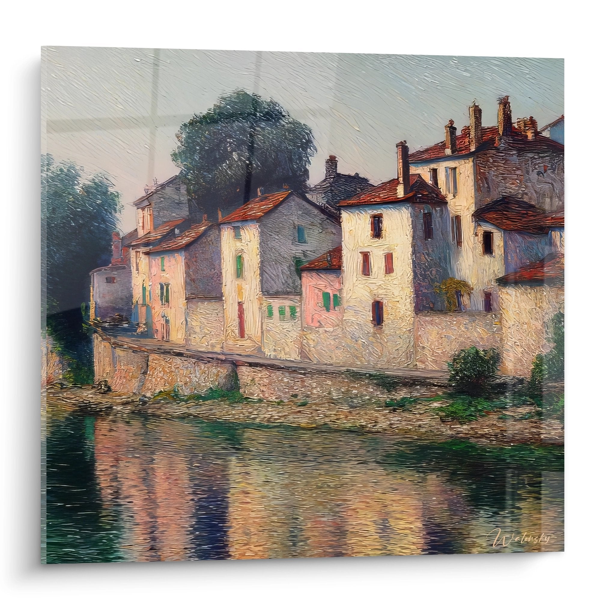Tableau village provençal au bord de l'eau avec reflets et maisons colorées - art mural paysage