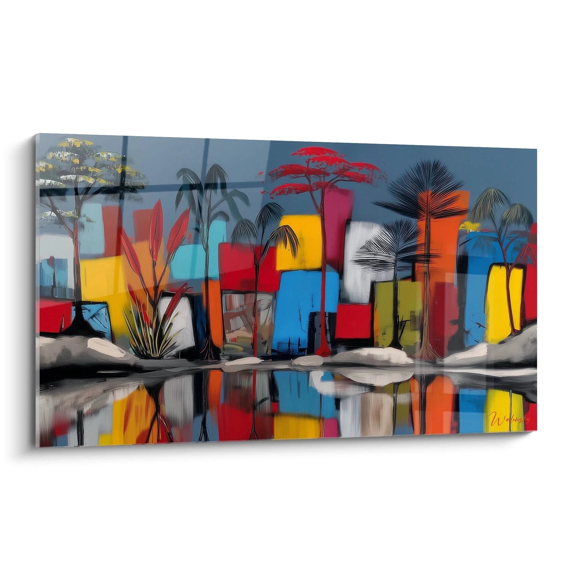 Tableau mural paysage africain moderne avec des couleurs vives et des reflets dans l'eau