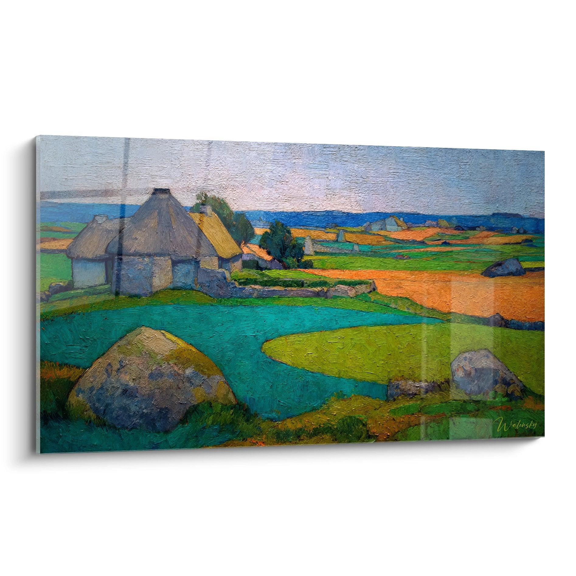 Tableau mural village rural breton chaumières colorées paysage champêtre authentique campagne française