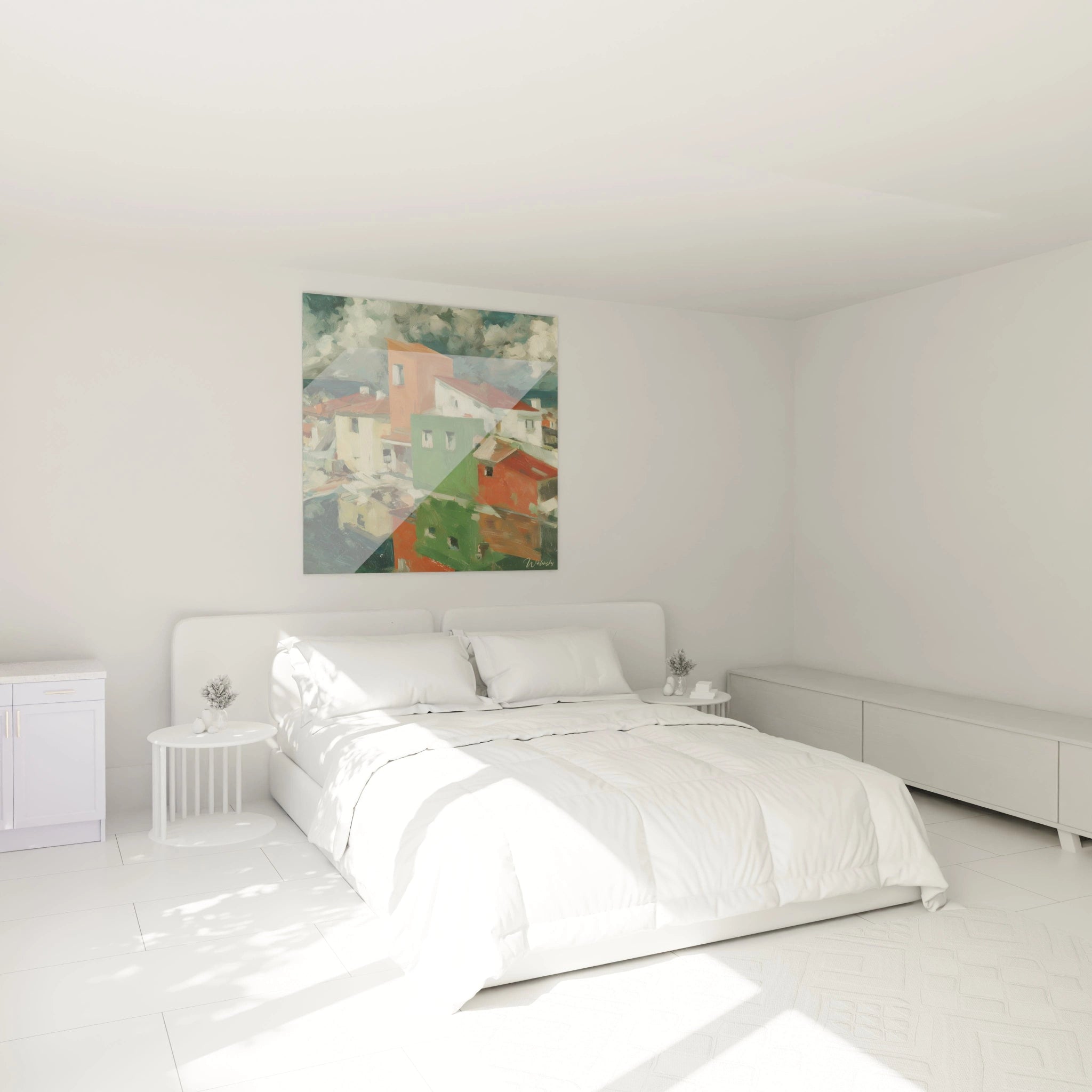 tableau mural village dadaïsme de Walensky accroché au dessus du lit blanc dans chambre minimaliste