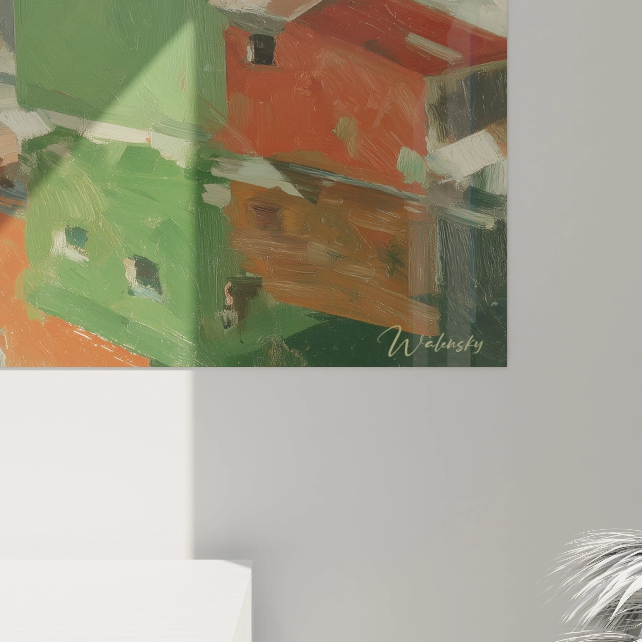 tableau mural village dadaïsme Walensky montrant maisons abstraites vertes et rouges sur toile murale dans intérieur moderne