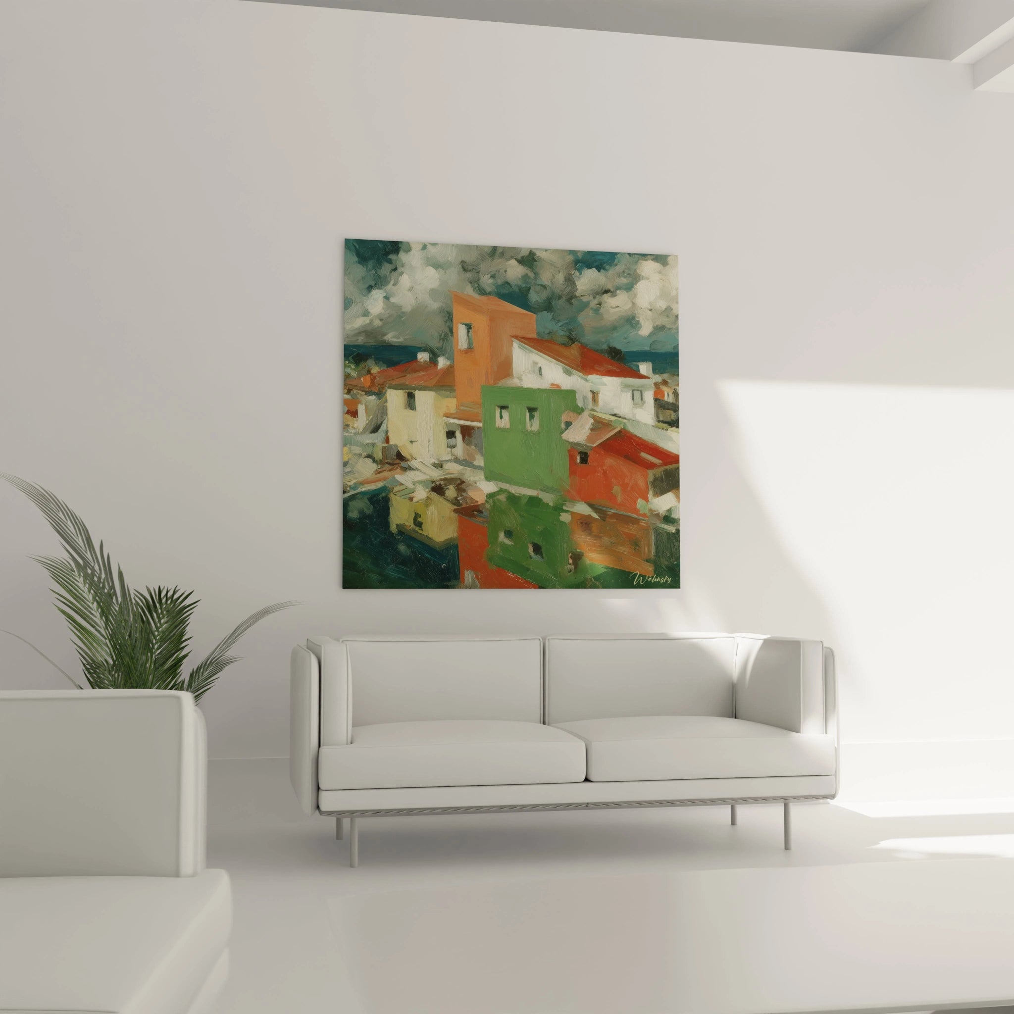 tableau mural village dadaïsme Walensky peinture de maisons colorées reflet sur eau accroché au dessus d un canapé