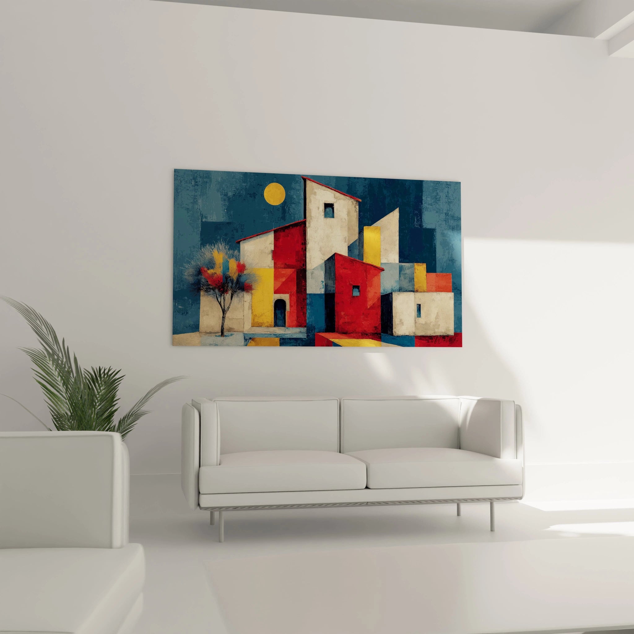 Tableau paysage africain contemporain de Walensky sur un mur blanc avec des formes géométriques colorées