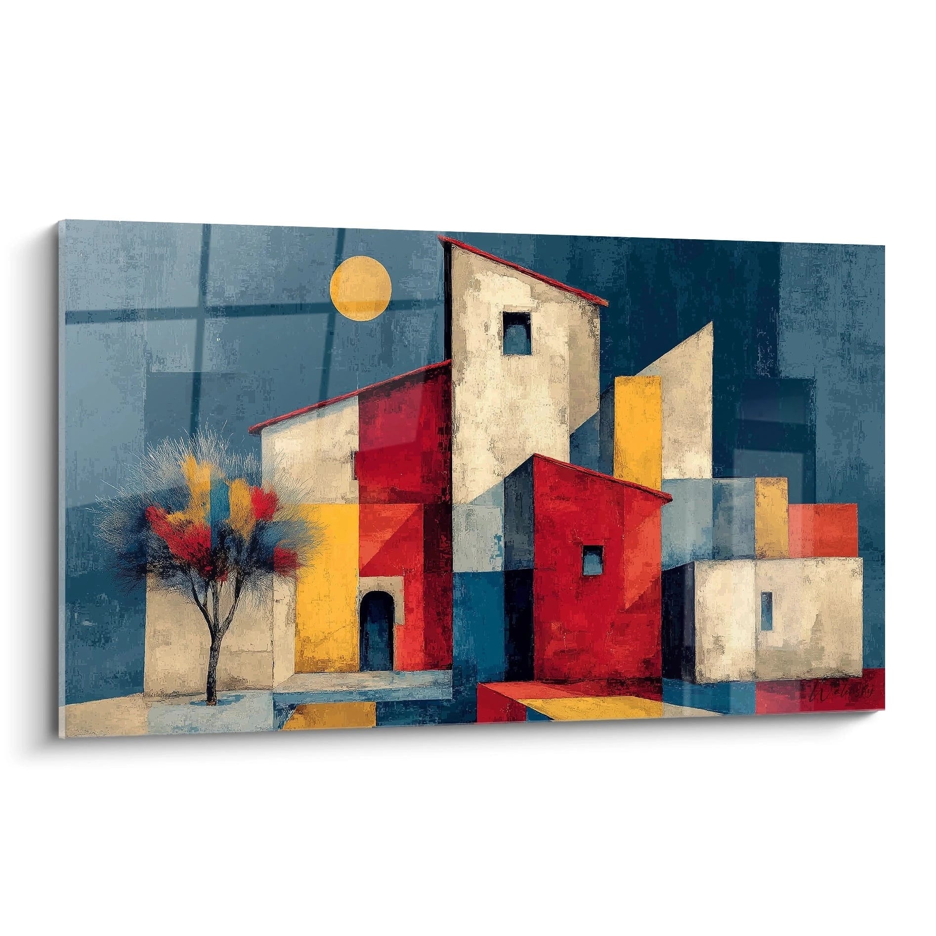 Tableau paysage africain contemporain avec des maisons colorées et un arbre à feuilles rouges