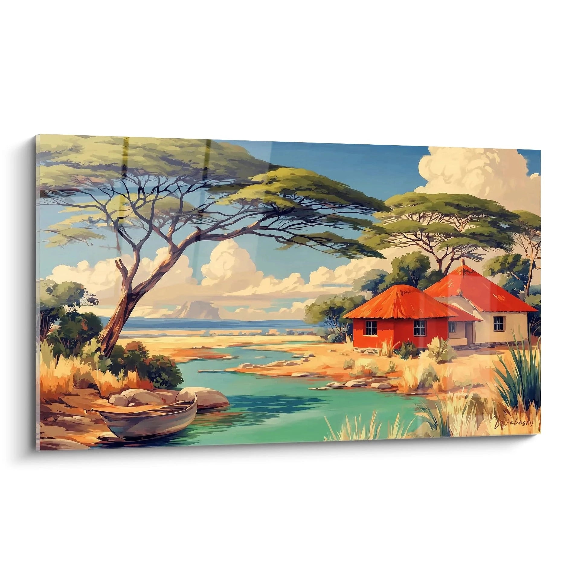 Tableau paysage africain représentant une maison rouge au bord d'un lac avec un bateau et des arbres.