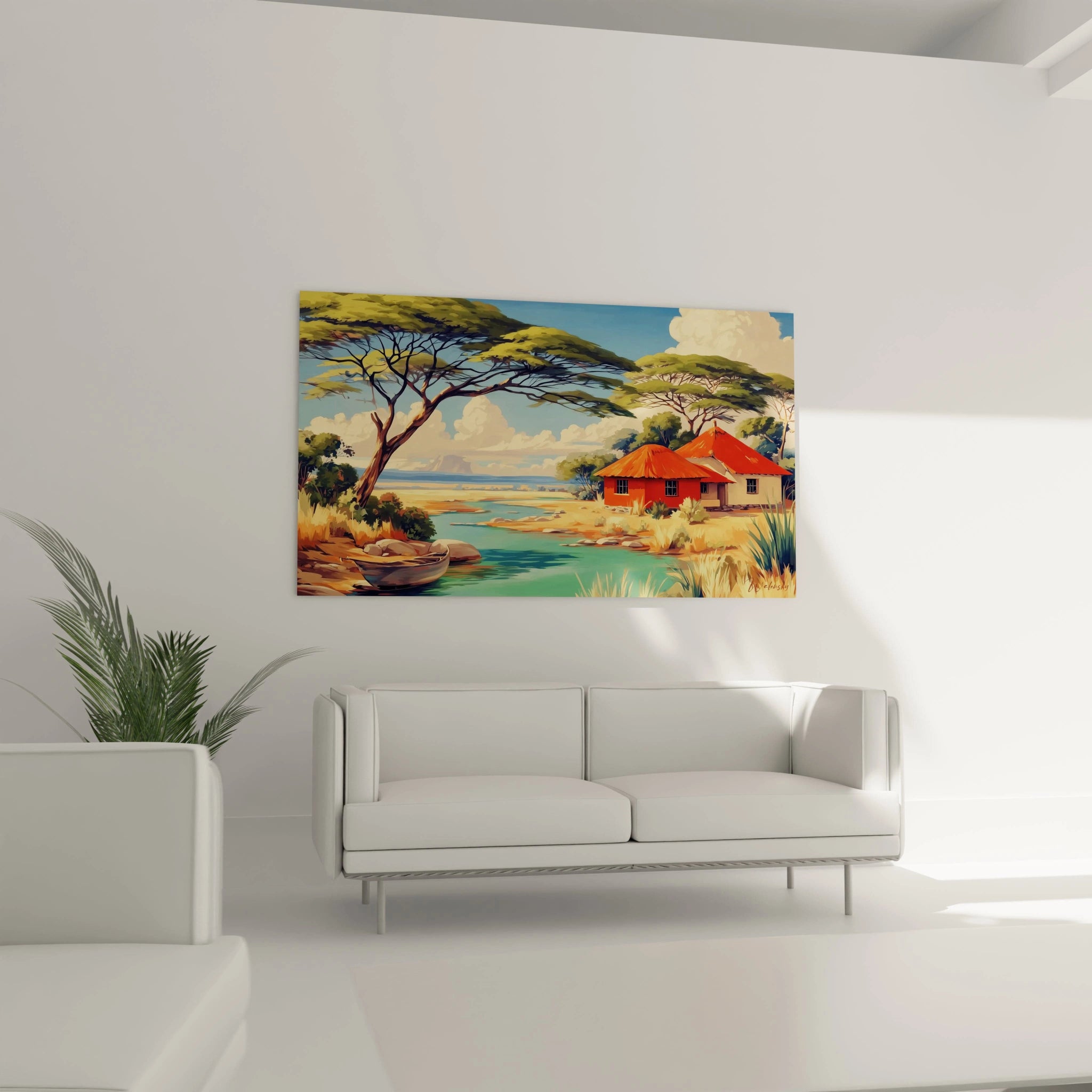 Tableau paysage africain représentant une maison rouge au bord de l'eau avec des arbres typiques