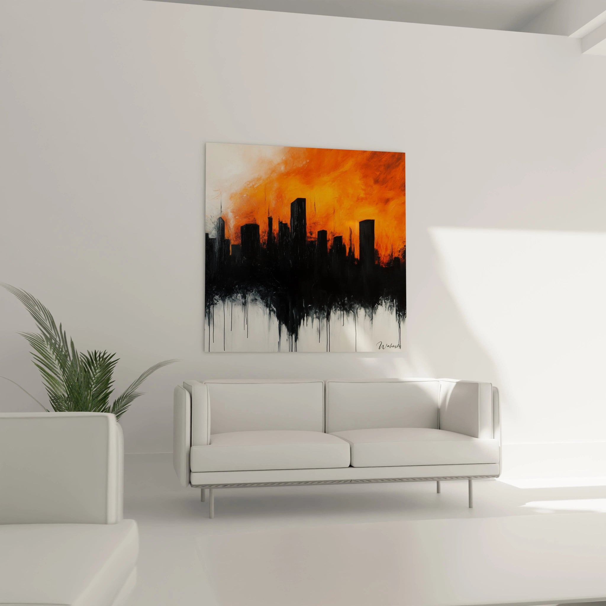 Tableau New York par Walensky avec silhouette urbaine noire sur fond orange vibrant accroché dans un salon moderne