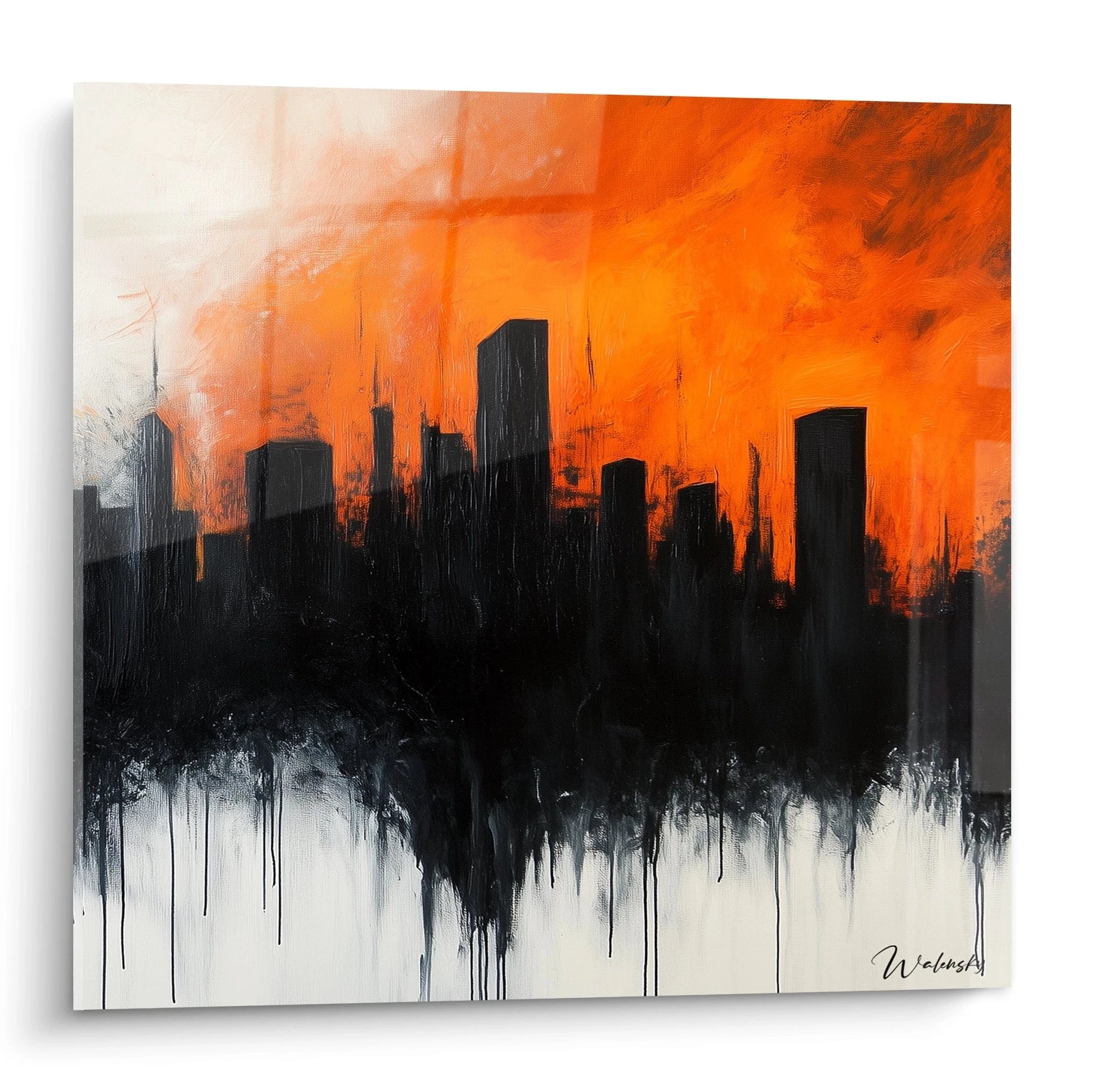 Tableau New York moderne avec silhouette de gratte-ciel en noir sur fond orange et blanc par Walensky