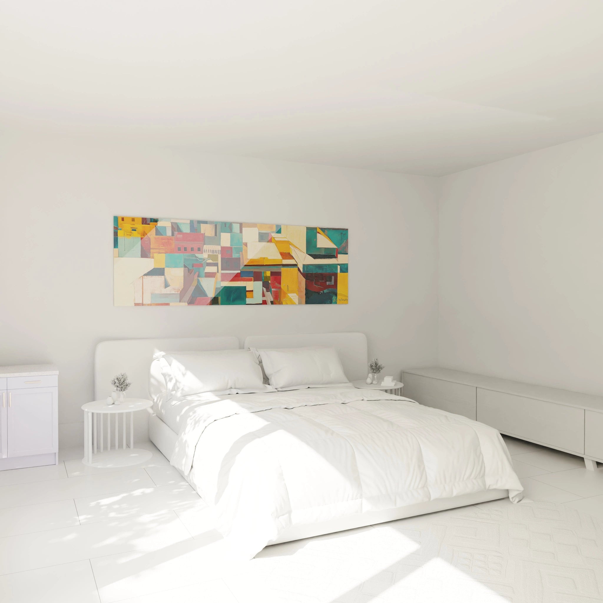 Un tableau urbain montrant une ville fragmentée vue d'en haut, composé de blocs rectangulaires aux couleurs vives de turquoise, ocre et rouge, avec des coups de pinceau texturés créant une impression de médina méditerranéenne.