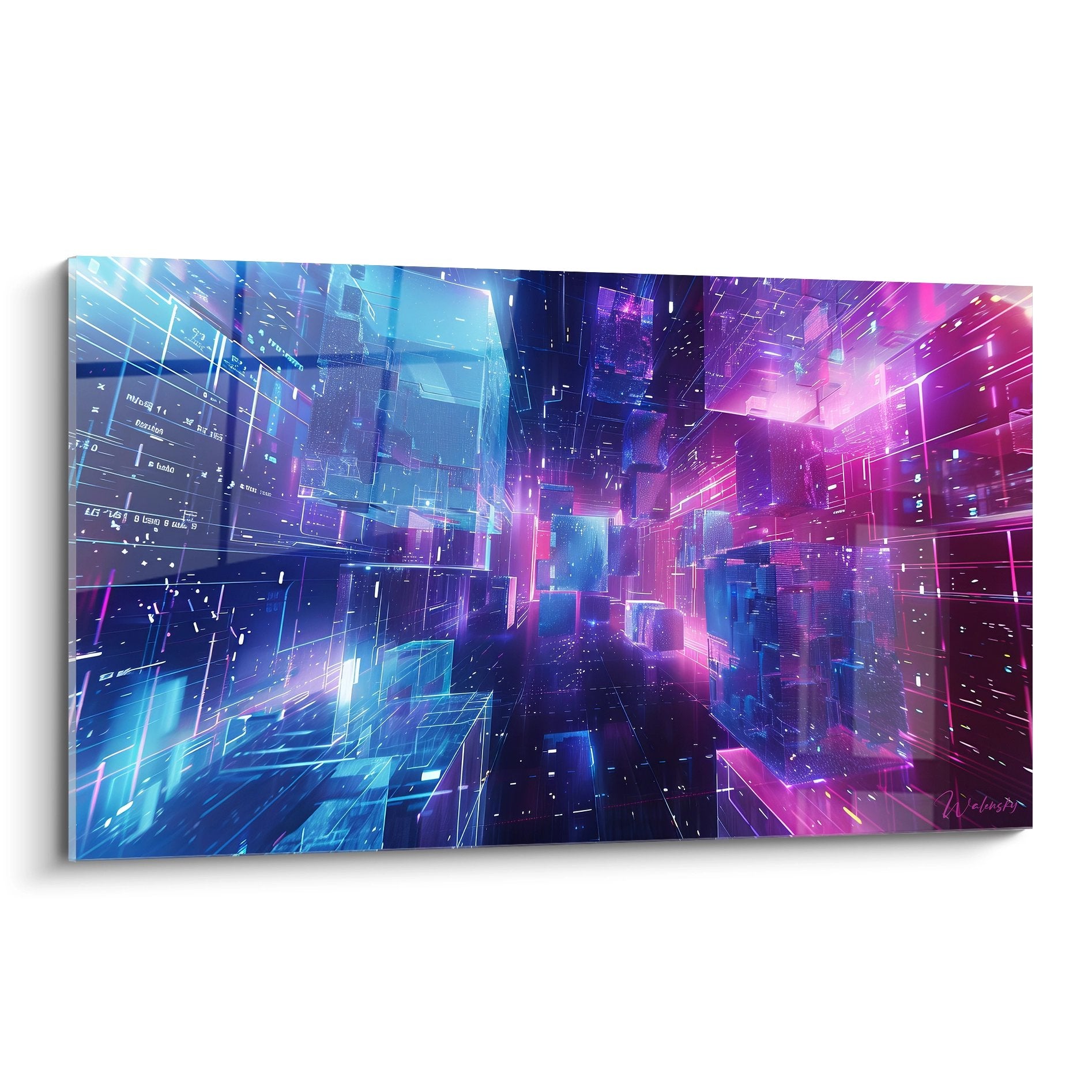 Tableau mural ville cyberpunk futuriste aux couleurs néon bleu violet rose art abstrait moderne