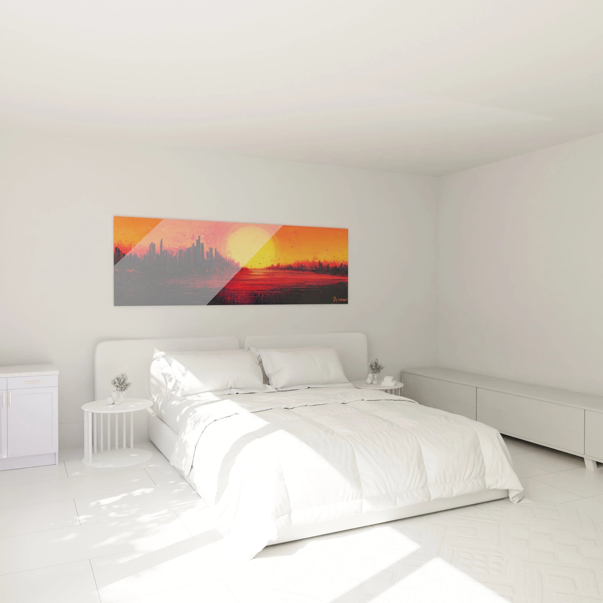 Tableau New York Walensky avec coucher de soleil orange et skyline moderne dans une chambre minimaliste